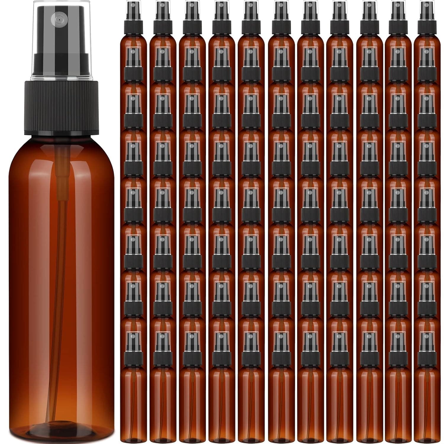 Nuogo 90 Pack Plastic Spray Bottles 4 Oz Reusable Mini Perfume Refillable Bottle Travel Size Mist Bottle Sprayer Empty Spritz Bottle for Household Use, Essential Oil, Cleaning Solution (Amber)