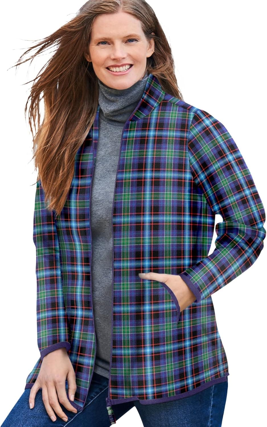 Woman Within Women's Plus Size Zip-Front Microfleece Jacket Fleece - 3X, Blue Plaid