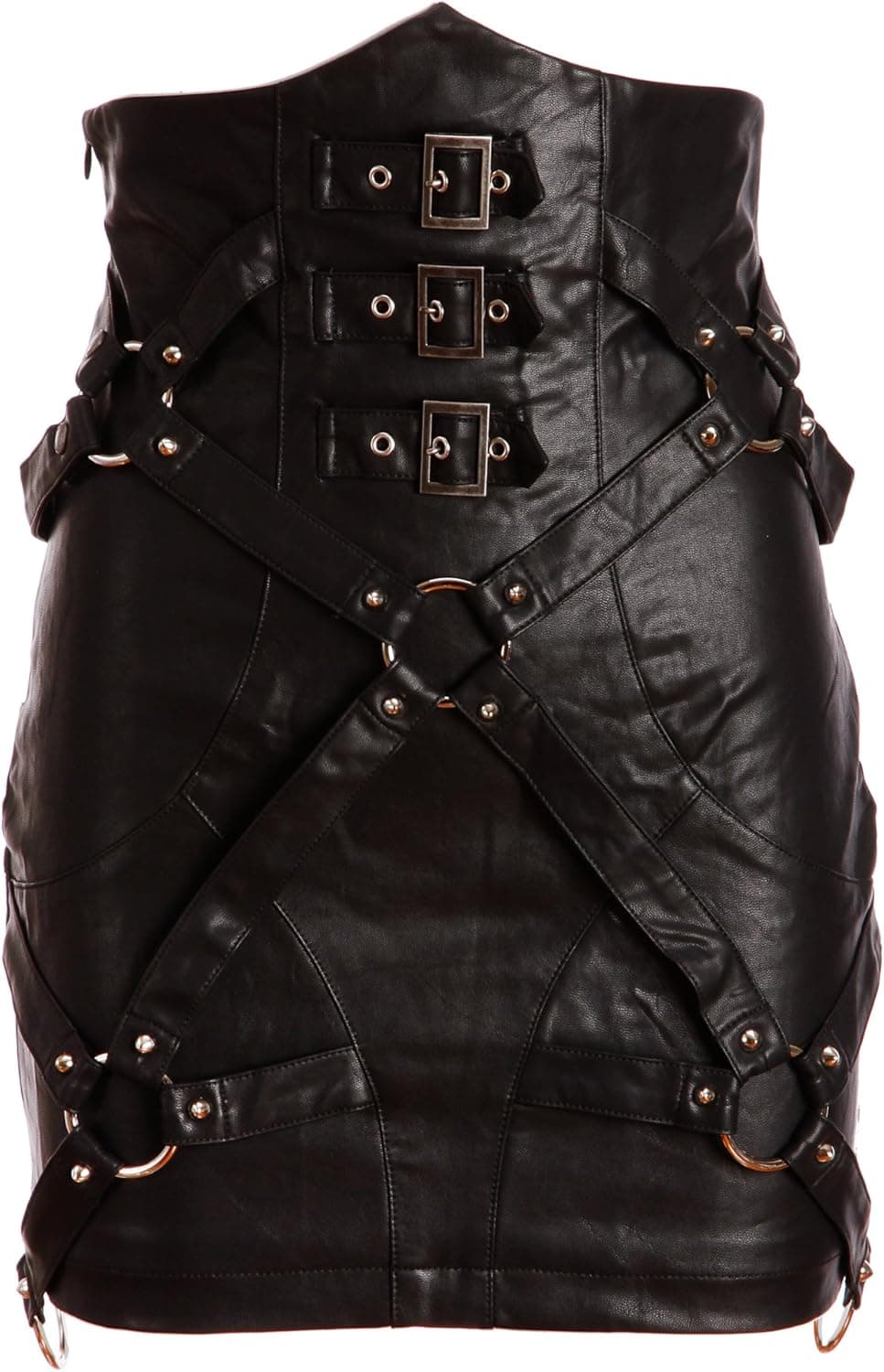 Womens Punk Rave Studded Black Vegan Leather Skirt with Buckle Details