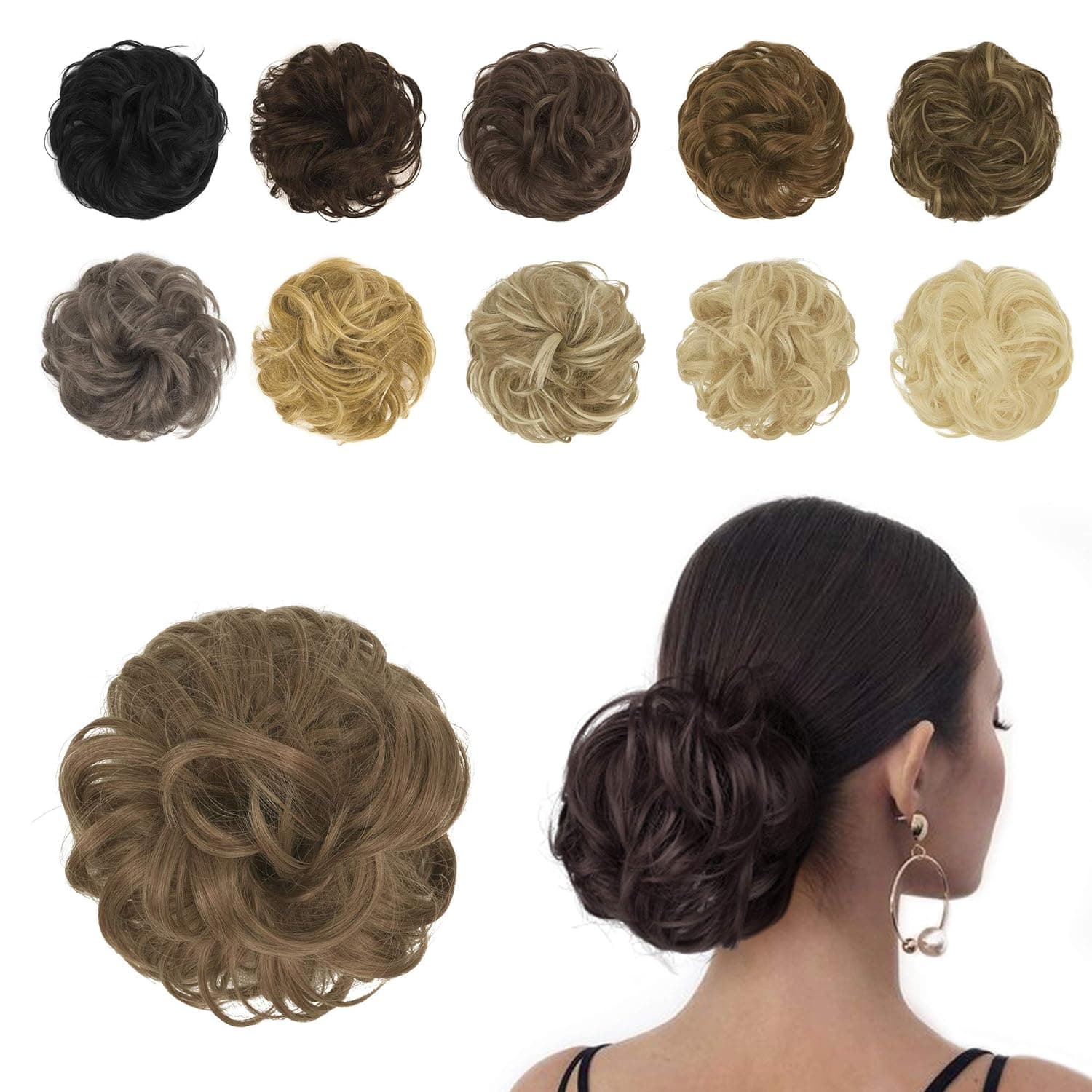 BARSDAR Thick Messy Hair Bun Extensions, Curly Wavy Hair Scrunchies Hairpiece Synthetic Large Hair Volume Chignon Updo Hair Pieces for Women(Light Golden Brown & Pale Golden Blonde Mixed)