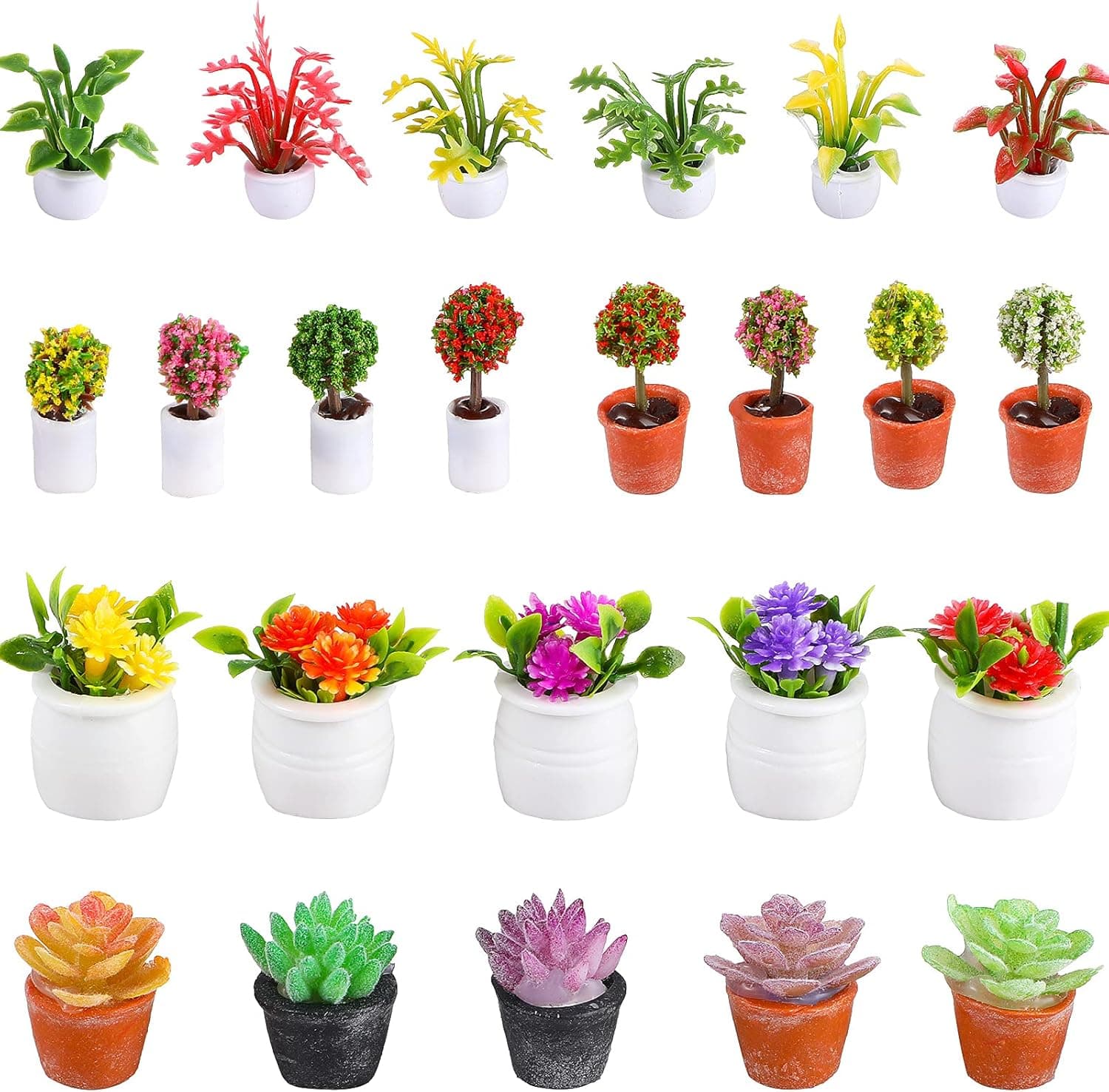 25 Pieces Dollhouse Potted Plants Miniature Artificial Plant Tiny Bonsai Model Mini Flowerpot Fake Succulent Doll House Mini Plant Model Figure for 1:12 Dollhouse Decor Mini Garden (Cute Style)