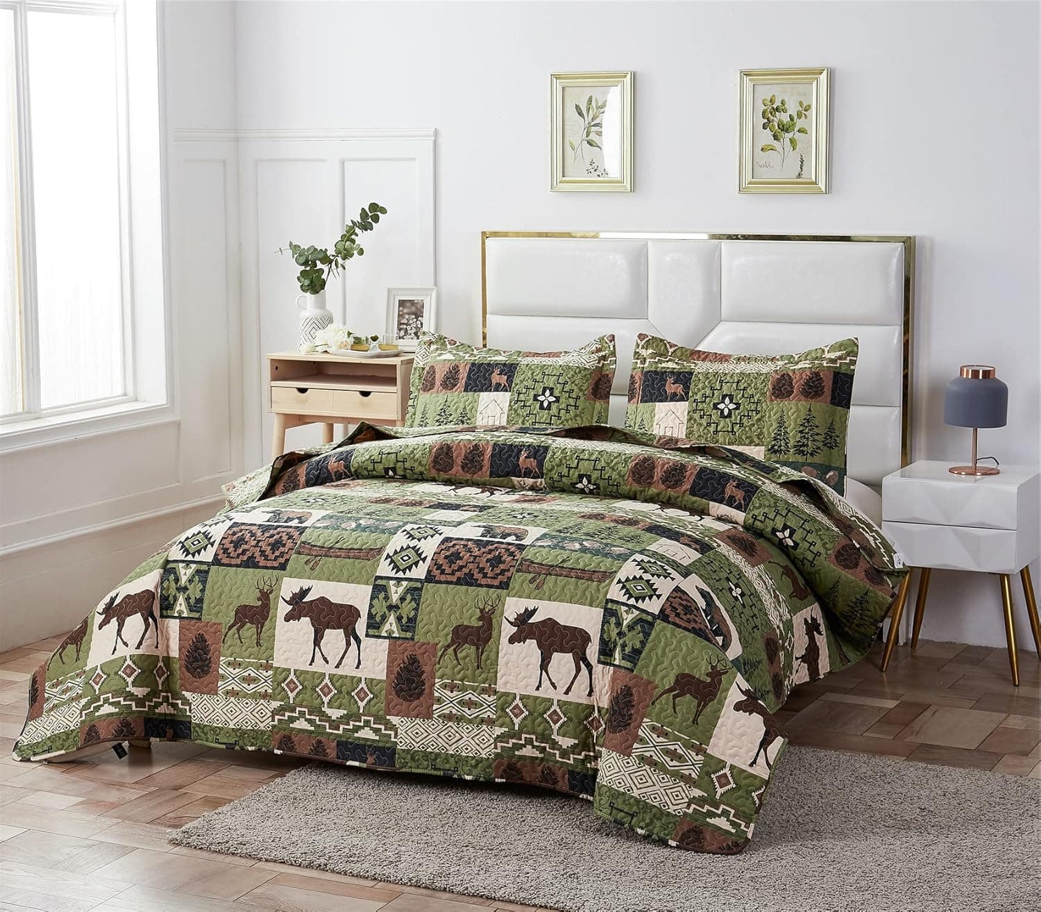3 Piece Buffalo Plaid Dark Tea Green Moose Bear Reversible Quilt Set Twin,Rustic Home Lodge Cabin Lifestyle Moose Bear Pinetrees Bedspread Coverlet Bedding Set for All Season (Twin,Tea Green)