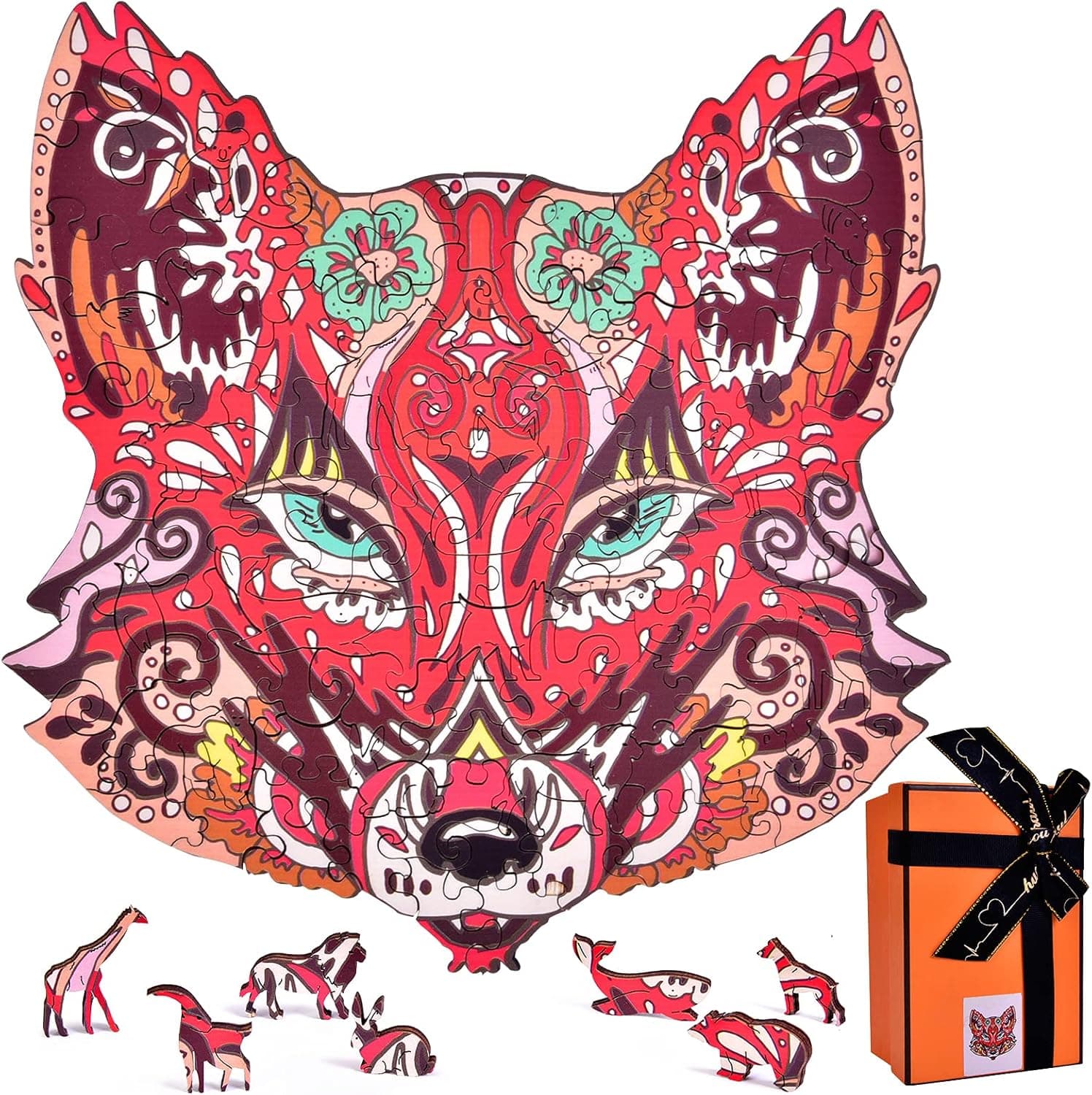 ANGELEMM Adult Wooden Puzzle 108 Uniquely Animal Shape Jigsaw Puzzle Pieces, Colorful Wooden Fox Puzzle Set Family Game Best Gift for Adults Teenagers Children Magic Wooden Puzzles, 7.9x8.1 inch