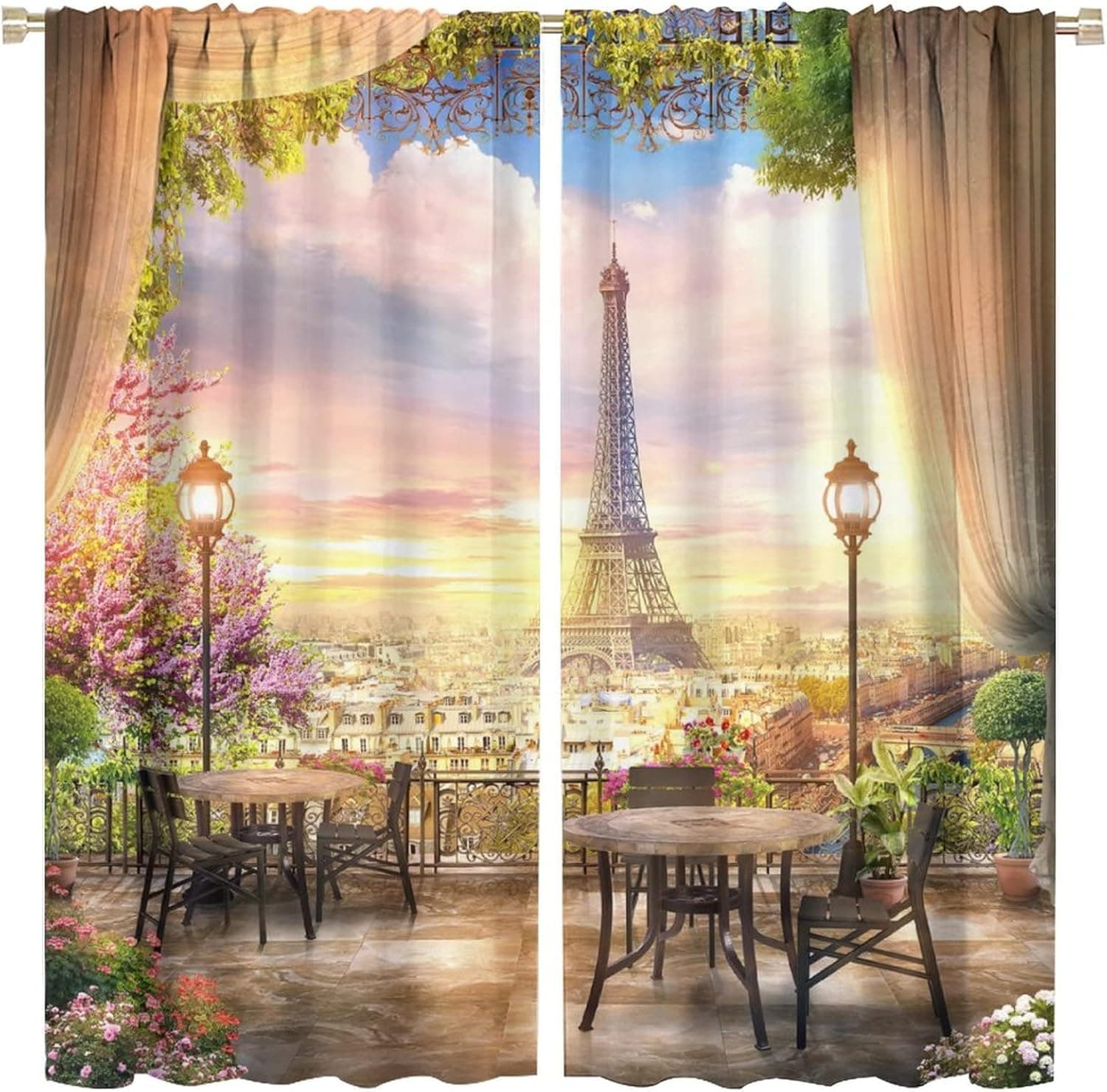 Paris Eiffel Tower Curtain, Eiffel Tower Pink Floral Flower Oil Painting Aesthetic France Colorful Noise Reduction Curtainfor Teen Thermal Insulated Darkening Room Curtains Window Curtain 2 Panels 63