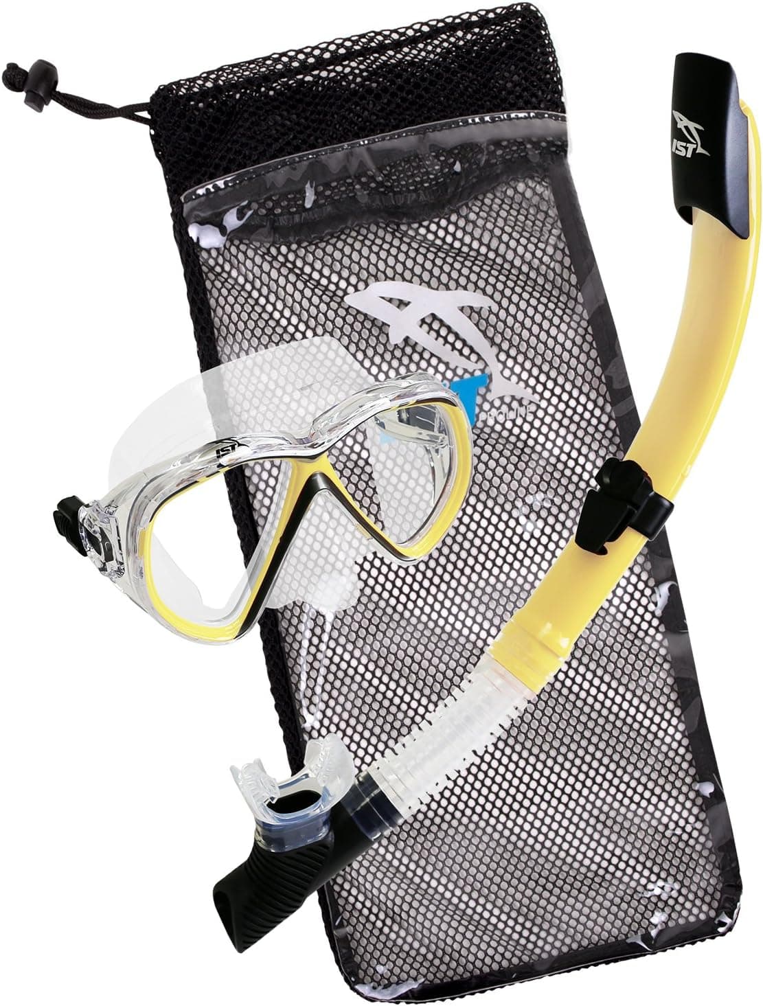 IST Compact Snorkeling Combo Set: Shatterproof Mask, Semi Dry Top Snorkel & Travel Mesh Drawstring Bag in Adult and Junior Sizes