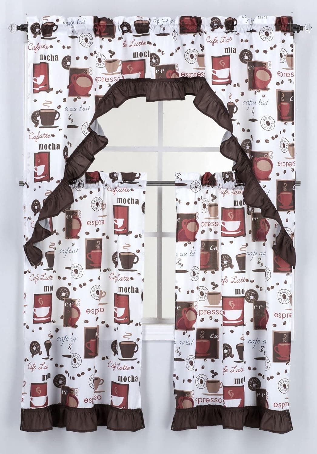 Regal Home Collections Cappuccino Print Kitchen Curtains 3-Piece Set - Curtains for Kitchen Windows - Half Curtain Panels and Window Valance (60" x 36", Multi)