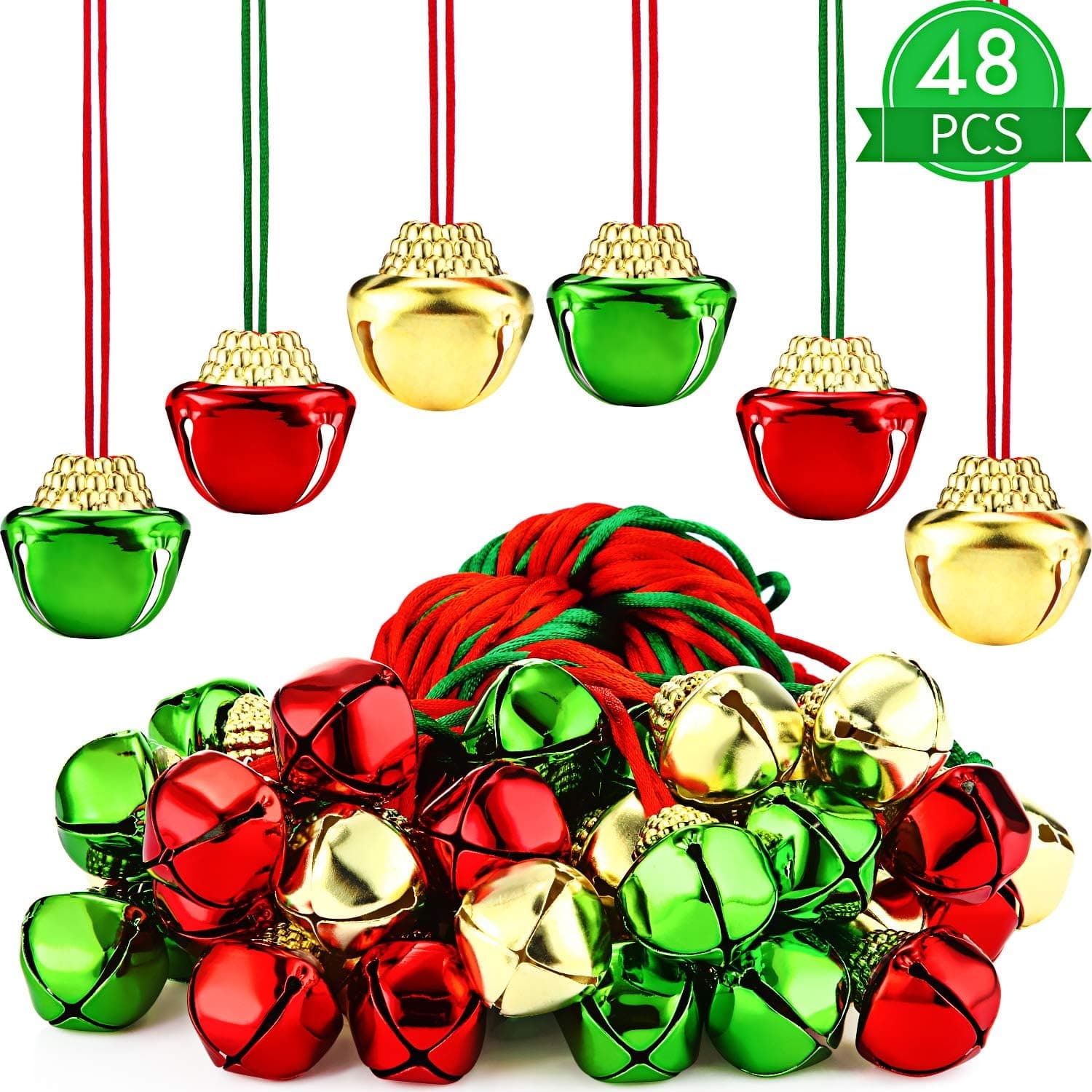 48 Pieces Christmas Bell Necklaces Large Gold Bell Necklaces for Craft Holiday Party Supplies (Gold, Green, Red)