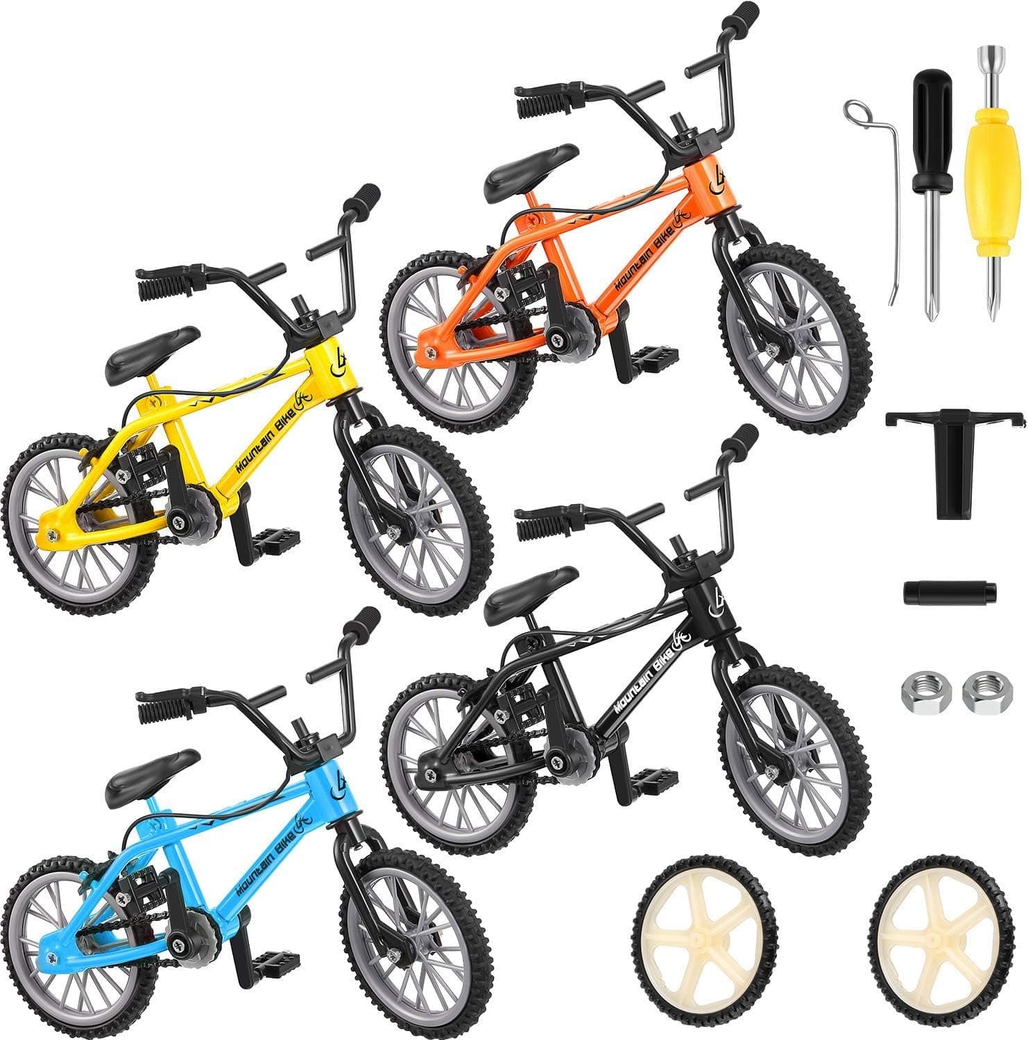 8 Pieces Finger Bikes Mini Finger Mountain Bikes with Brake Ropes Double-Bar Finger Bicycle with Replacement Wheels and Tools Boy Toy Creative Game Gifts for Party Favors