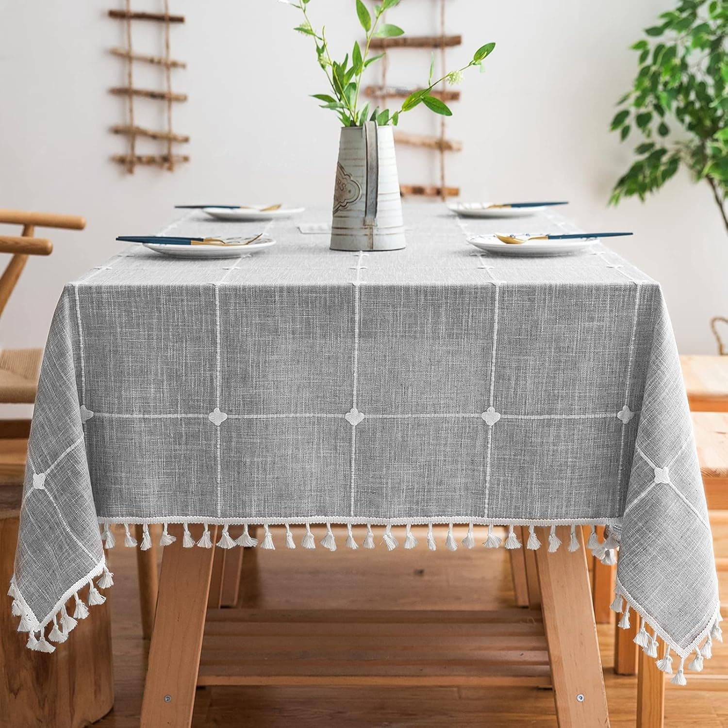 MOKANI Solid Embroidery Checkered Table Cloth Washable Cotton Linen Tassel Tablecloth, Rectangle Wrinkle Free Anti-Fading Table Cover for Kitchen Dinning Thanksgiving Christmas (55 x 70 Inch, Gray)