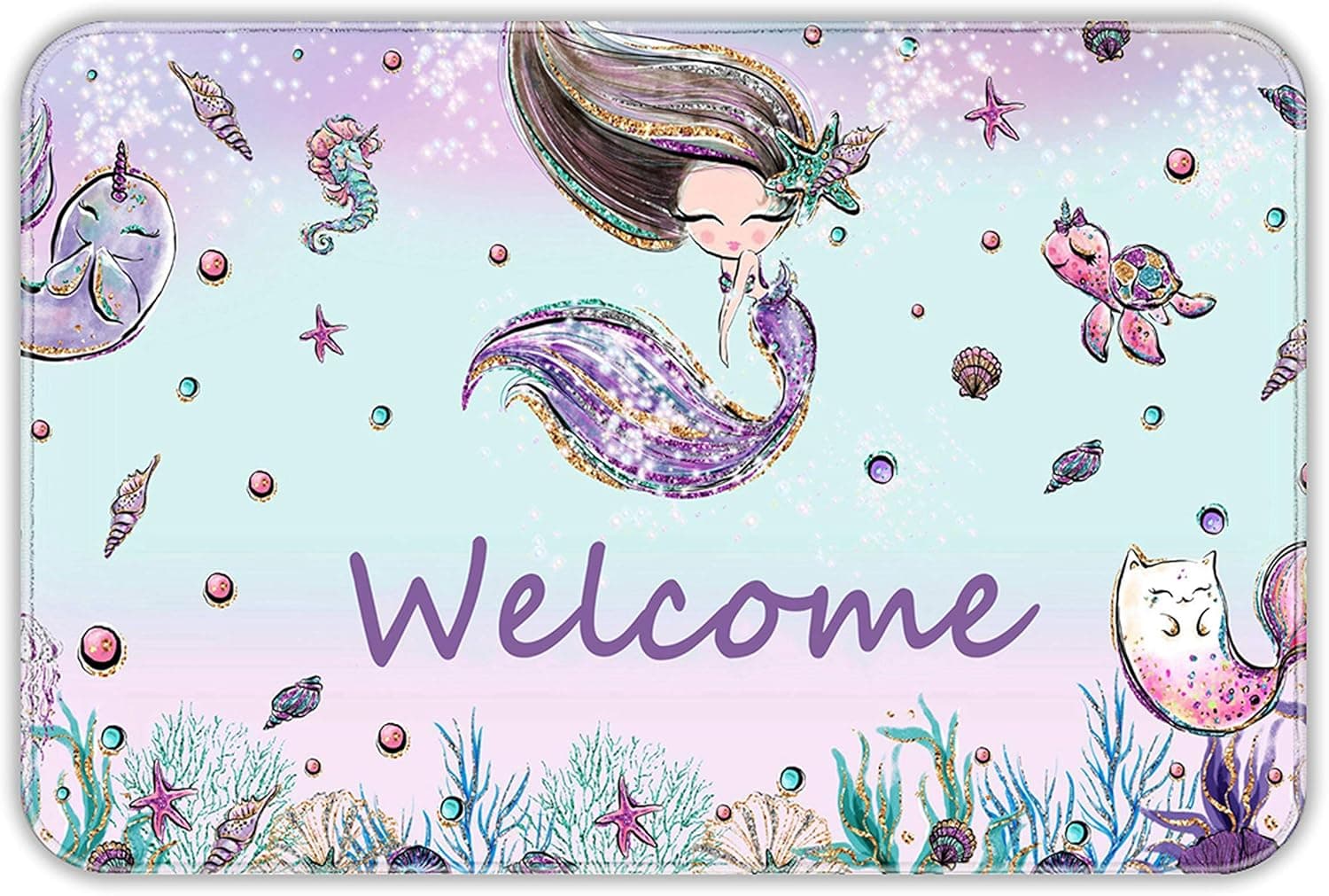 Bath Mats for Bathroom, Bathroom Mats Rugs No Silp, Colorful Mermaid Sea Turtle Seahorse Washable Doormat Carpets Floor Mat Bathroom Decorations for Kitchen Bedroom Indoor 23.6x15.8 Inches