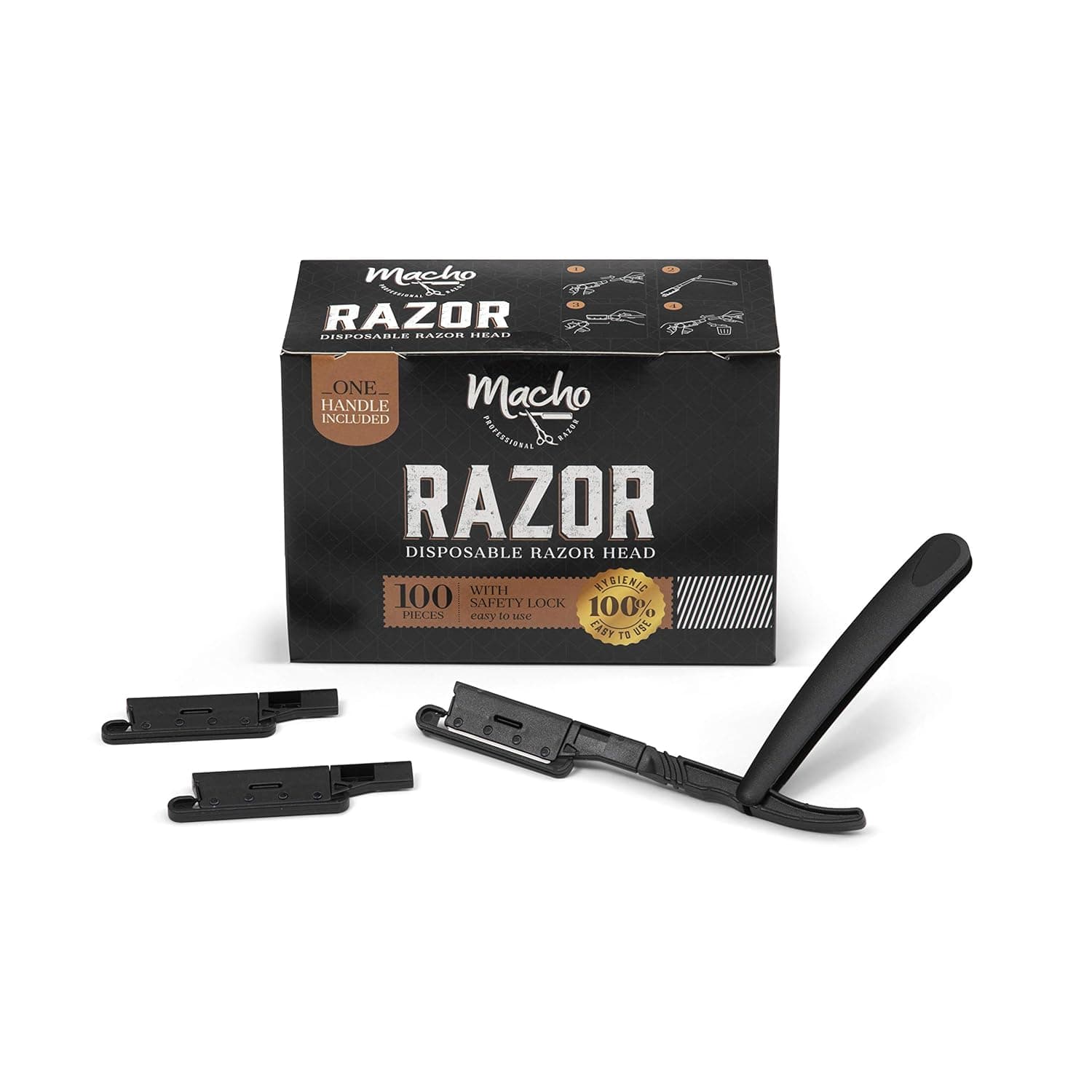 Professional Straight Razors for Men with 100 Disposable Barber Razor Blade Heads, Patented and Precise Straight Edge Razor with Safety Lock, Macho Shavette Straight Blade By Better Barber