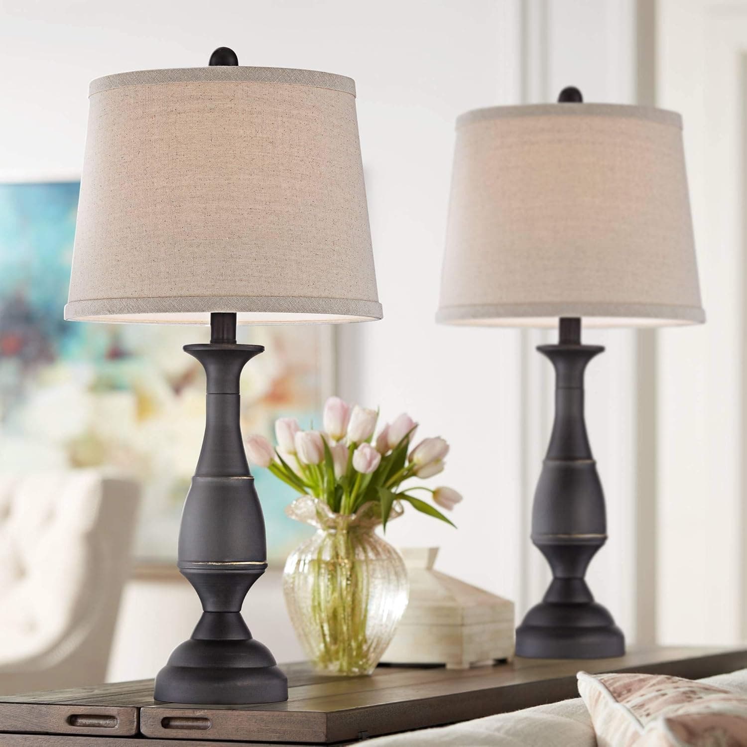 Ben Farmhouse Traditional Table Lamps 25" High Full Size Set of 2 Dark Bronze Brown Metal Beige Linen Drum Shade Decor for Living Room Bedroom House Bedside Nightstand Home Office - Regency Hill