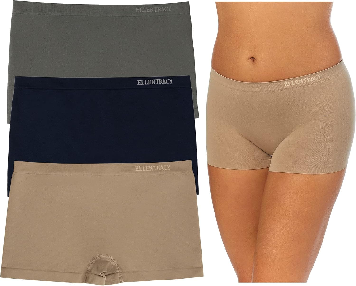 ELLEN TRACY Women's 3 Pack Modern Seamless Boyshort Panties