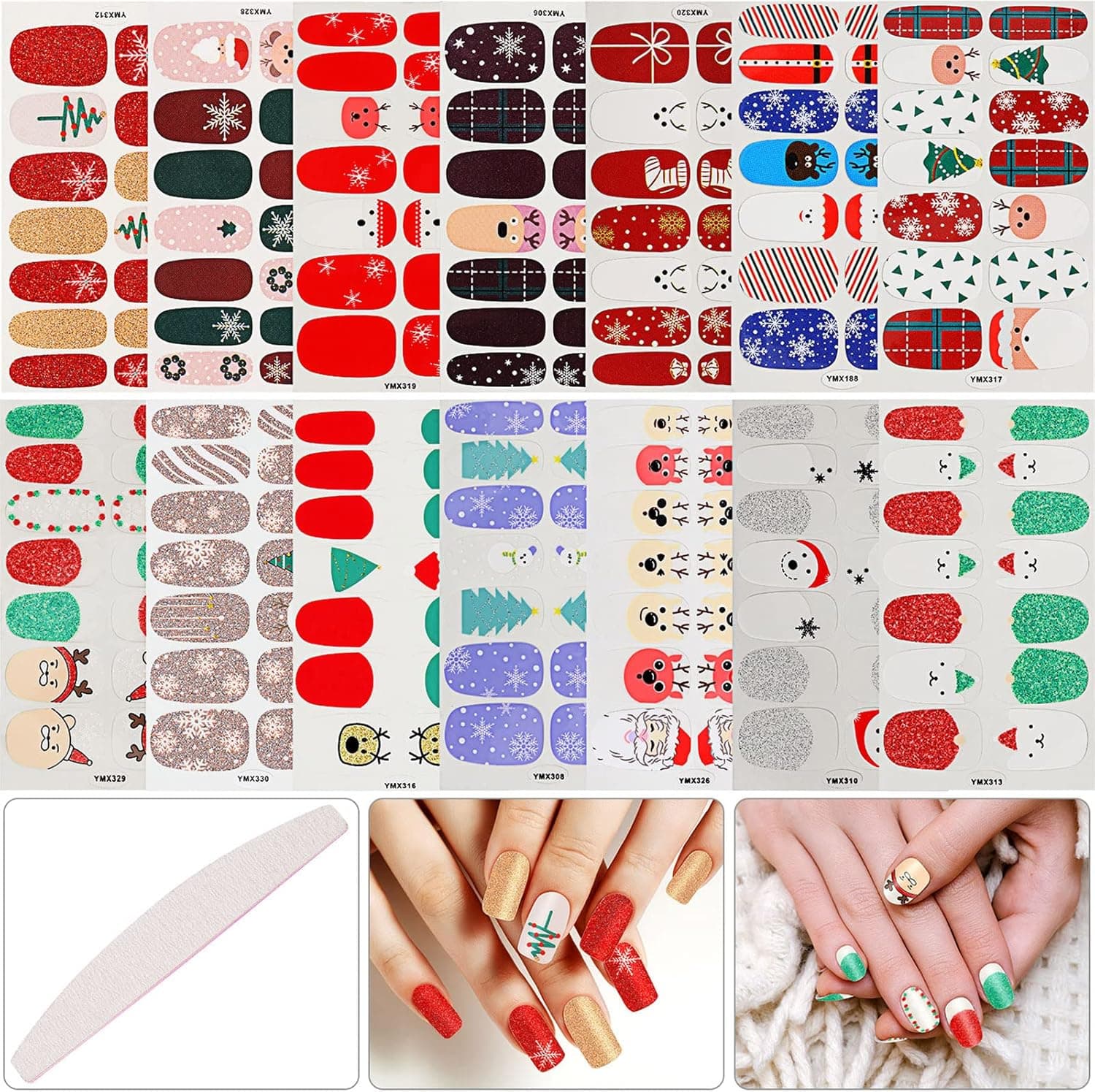 14 Sheet Christmas Nail Wraps Nail Decals Sticker Adhesive Nail Art Sticker with 1Pcs Nail File Full Nail Wraps Include Christmas Tree/Santa/Snowflake/Snowman