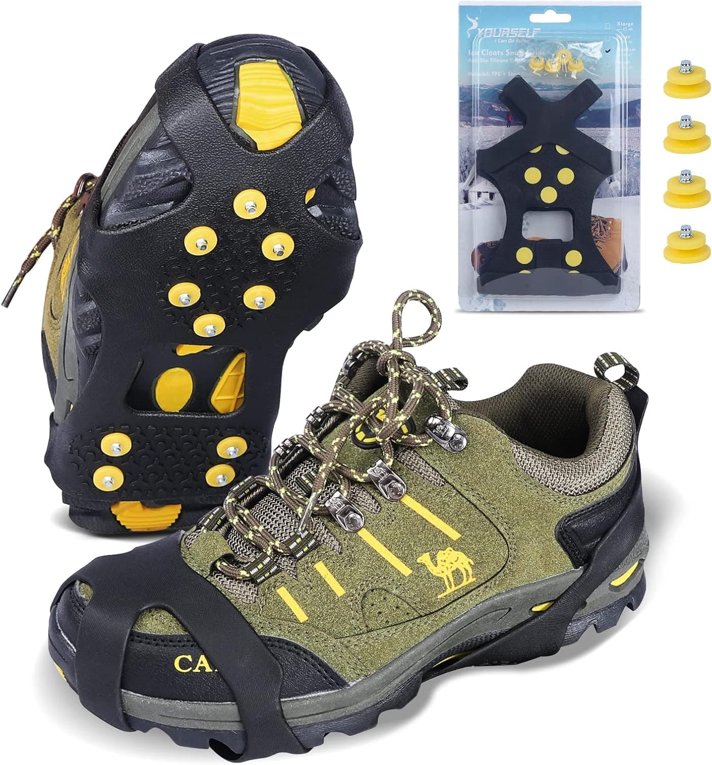 SYOURSELF Ice Cleats Snow Grips Overshoes Boots, Anti-Slip Silicone Portable Walk Traction Cleats Stainless Steel Spikes for Walking, Jogging, Hiking, Climbing, Fishing, Dog, Kids (S M L XL)