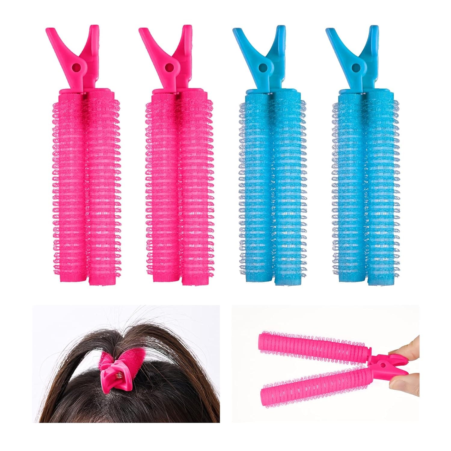 YAYMEW Hair Rollers Volumizing Root Clip Curlers Bang Roller Set Self Grip Holding Sticky Double Layer Bangs Hairdressing DIY Styling Accessories Tool for Long & Short Hair Portable(4 PCS Red Blue)
