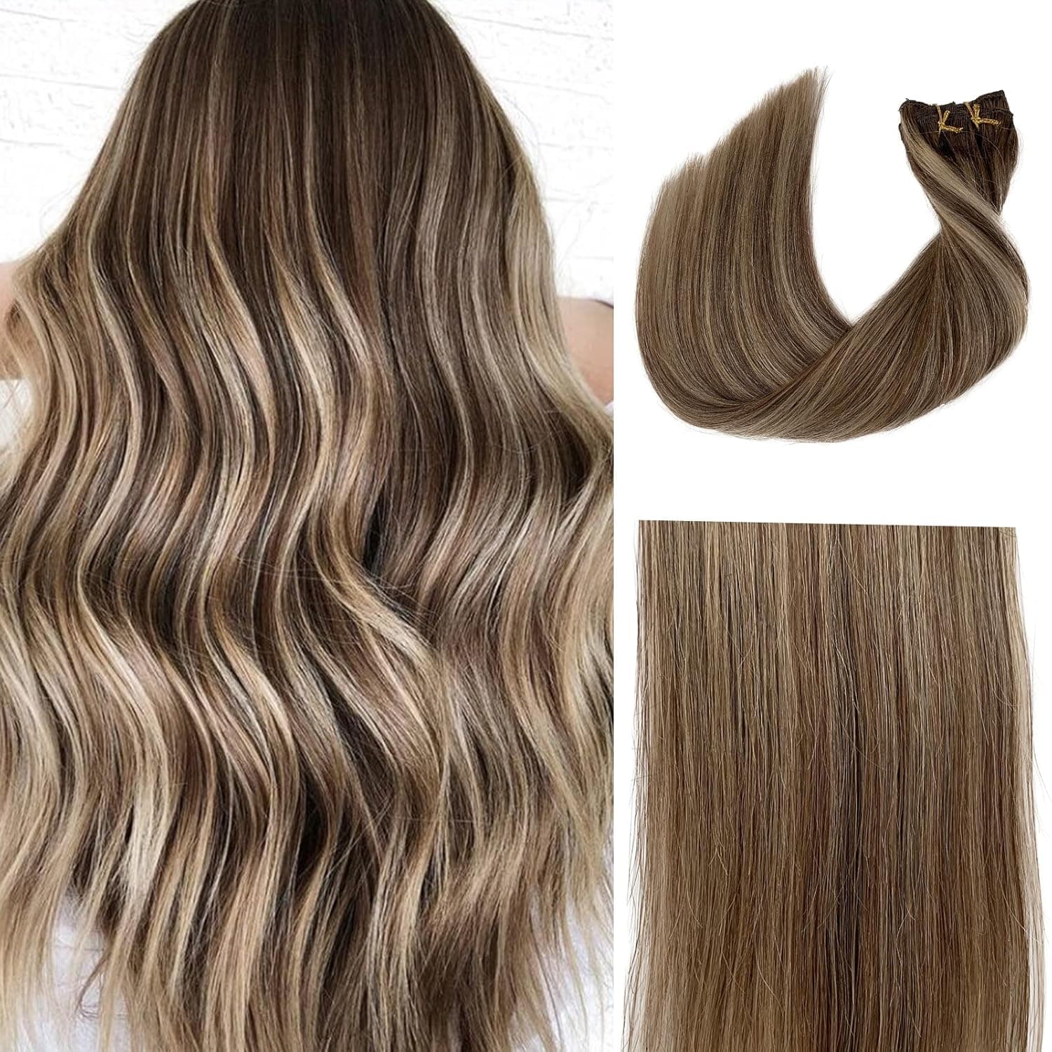 Balayage Clip in Extensions Human Hair Chestnut Brown and Beige Blonde Highlighted Clip in Remy Hair Extensions Double Weft Balayage Blonde Clip Hair Extensions 22 Inch 70grams 7pcs