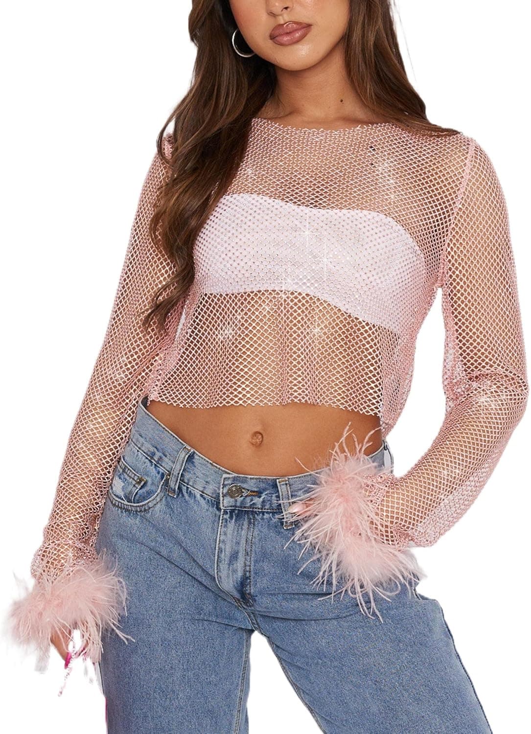 Women Long Sleeve Sheer Mesh Crop Tops Tee Shirt Blouse Feather Sleeve See Through Shirt Harajuku E-Girl Streetwear