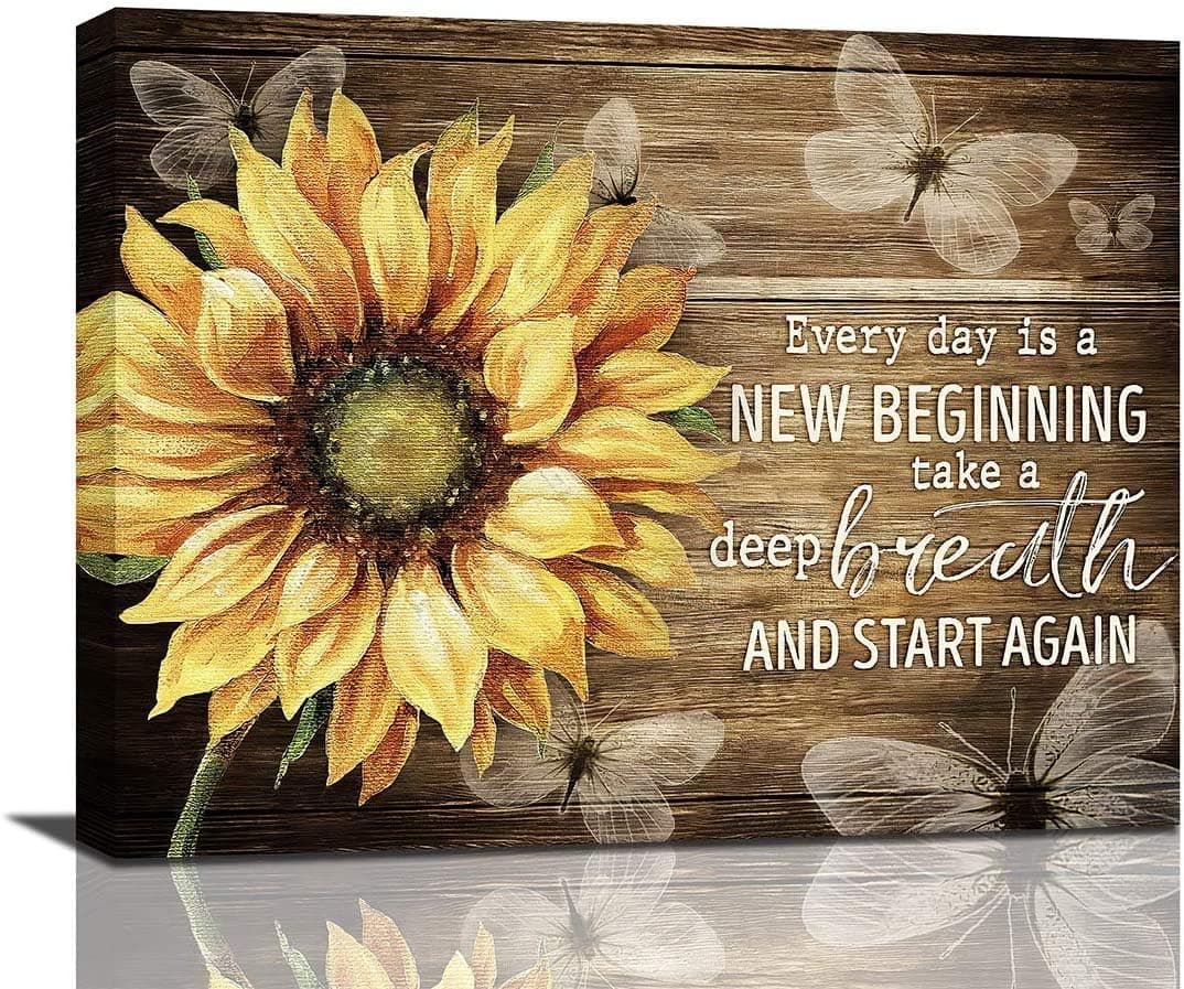 Rustic Sunflower Wall Art Sunflower Butterfly Quetes Canvas Every Day is New Farmhouse Country Flower Painting Inspirational Art Kitchen Home Decor For Bathroom Living Room Bedroom Inch (8x10inch NO Framed)