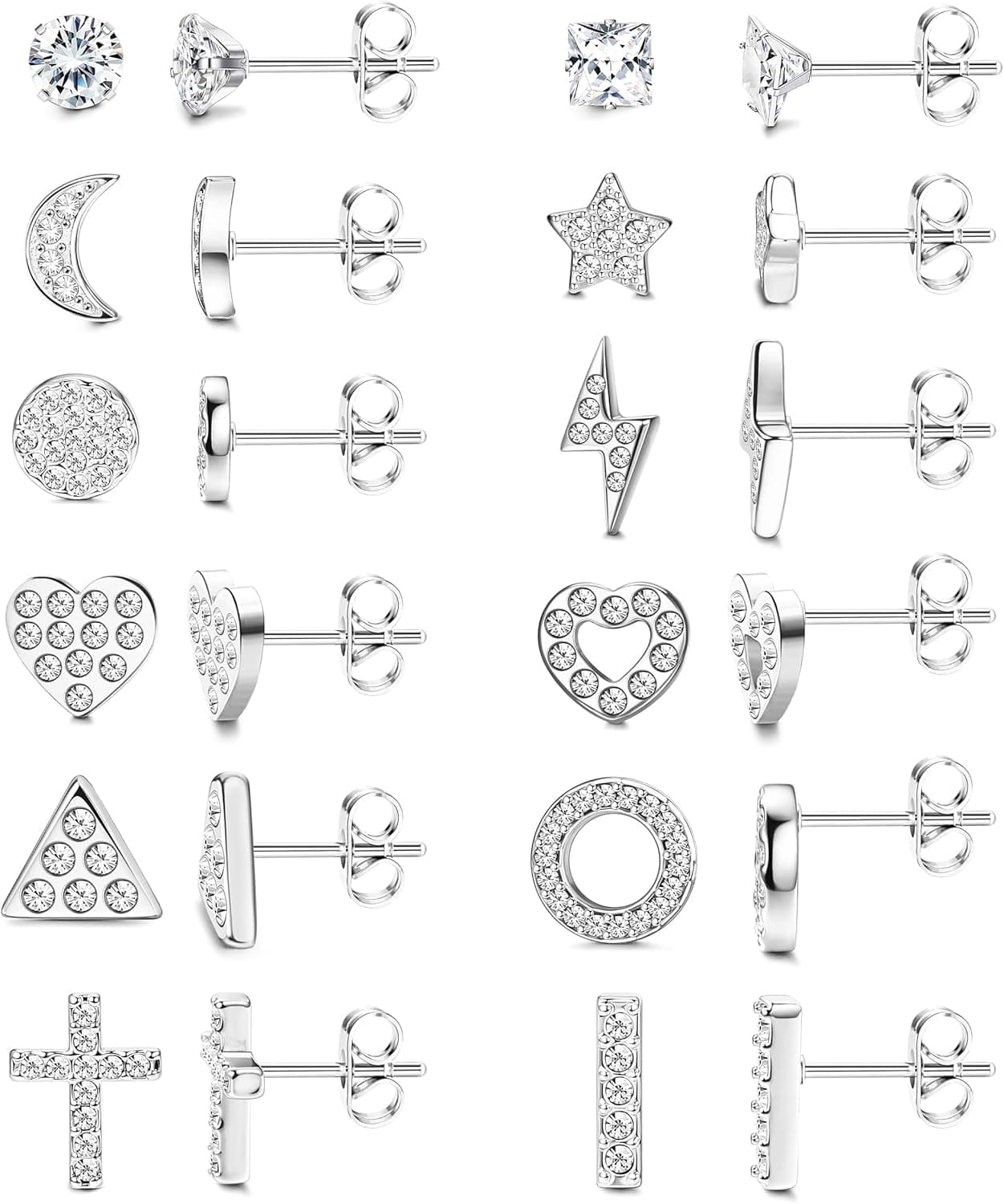 FASACCO 12Pairs Stainless Steel Stud Earrings for Women Men Pave CZ Star Moon Heart Lightning Cross Bar Disc Stud Earrings Cute Tiny Cartilage Geometric Stud Earrings Set