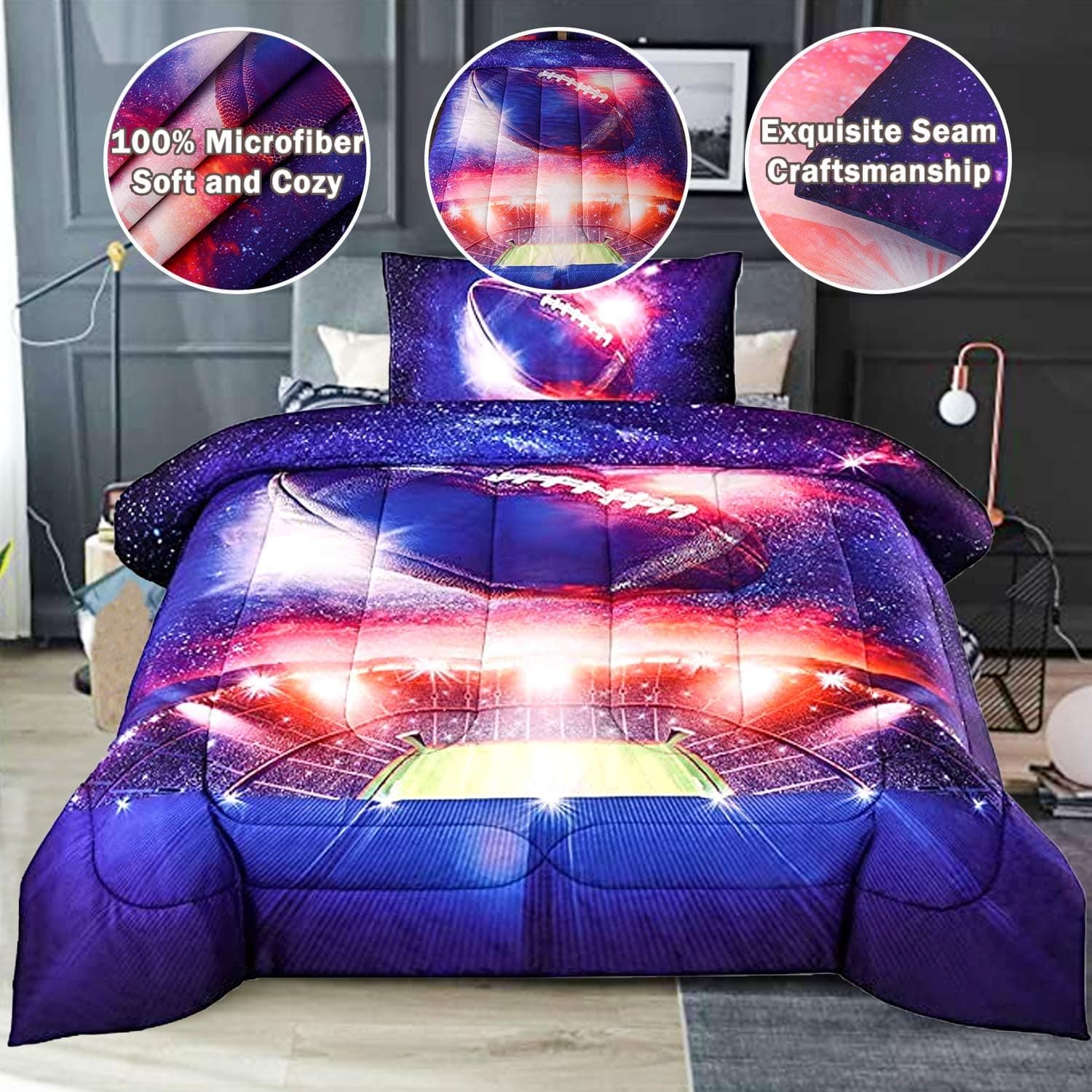 YEARNING American Football Comforter Set Twin, Rugby Field Printed, Summer Bedding Set for Boys