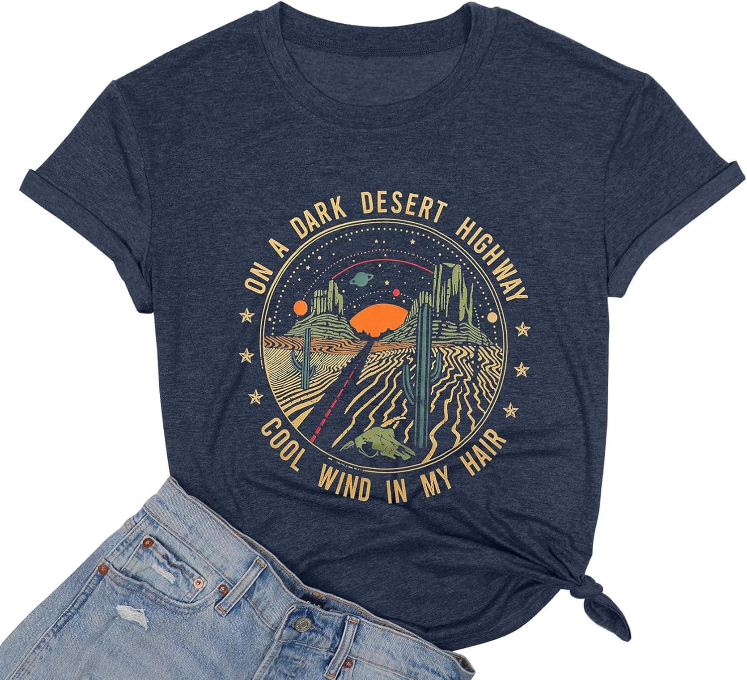 Adventure Shirts Women Retro Desert Highway T-Shirt Funny Nature Graphic Tee Casual Cotton Short Sleeve O-Neck Tee Tops