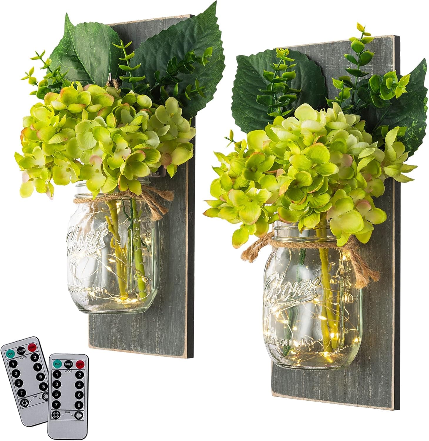 Mason Jar Wall Sconce with String LED Lights (Set of 2) - Farmhouse Chic Wall Decor- Rustic Style - Two Remote Controls - Gift Idea - Green Hydrangea Flowers
