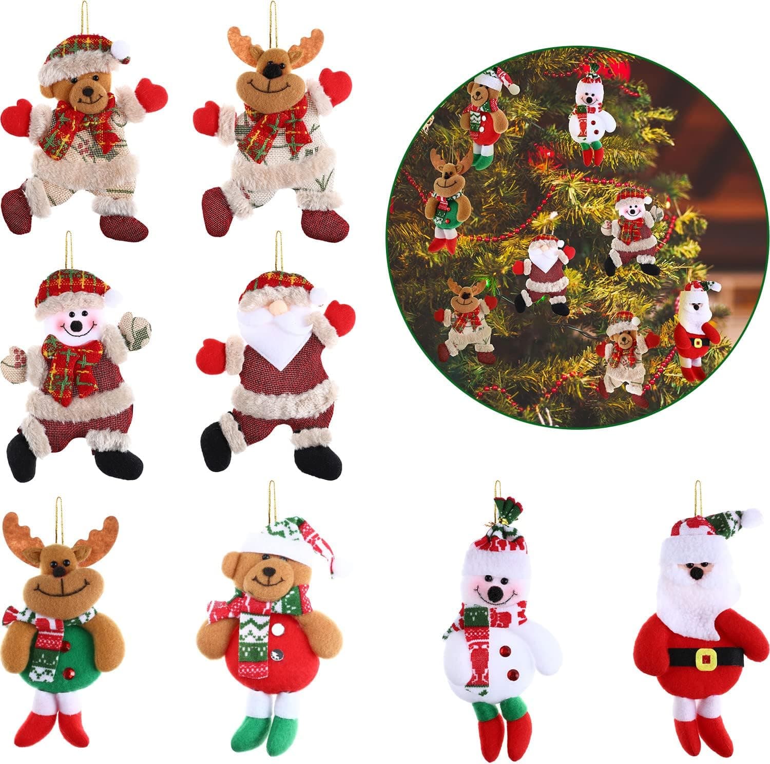 8 Pieces 3D Christmas Tree Plush Ornaments Santa Clause Snowman Reindeer Bear Plush Toys Decoration for Christmas Tree Party
