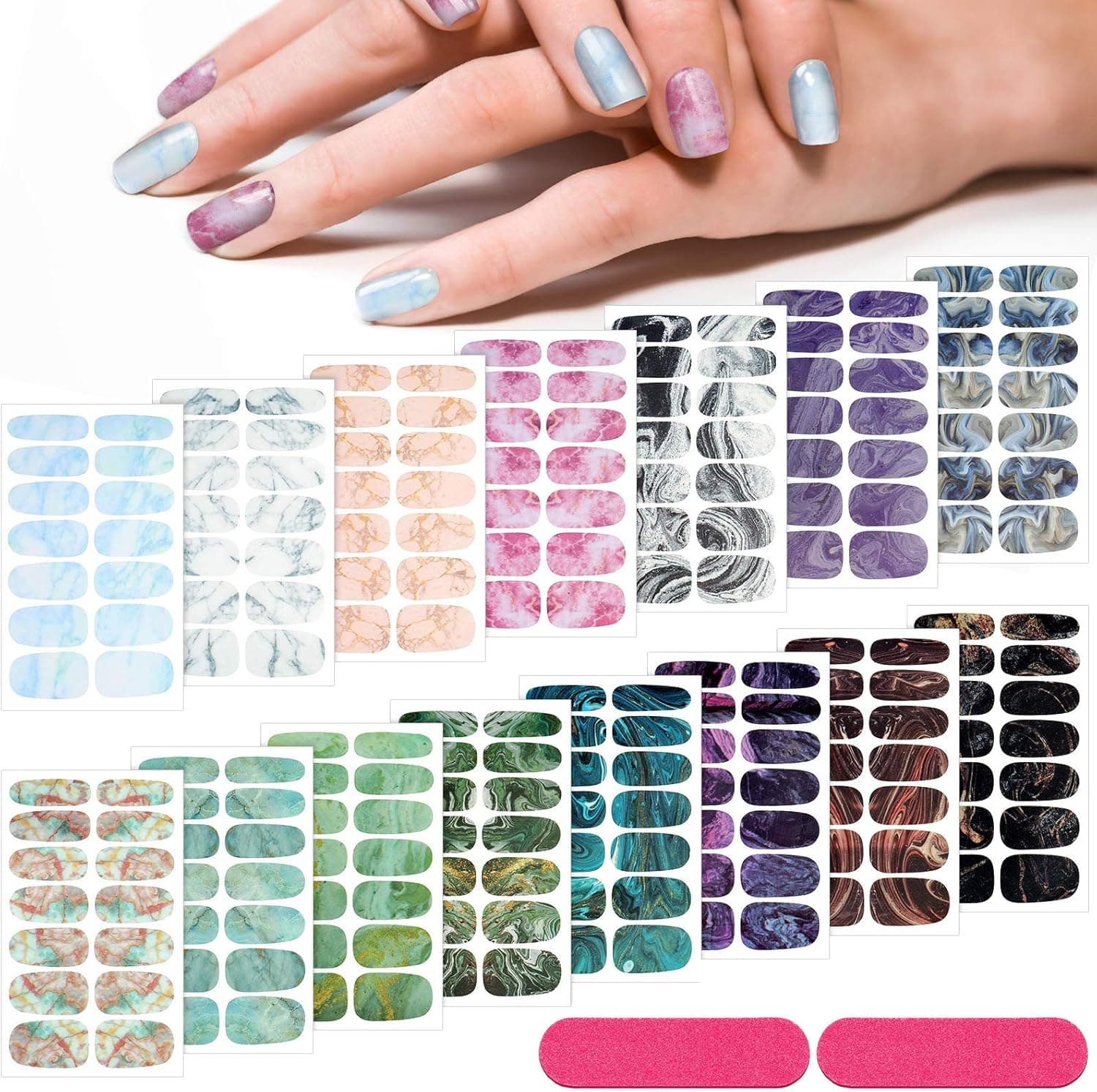 210 Pieces 15 Sheets Gradient Marble Full Nail Stickers Assorted Printed Full Wrap Nail Stickers Self-Adhesive Nail Decals with 2 Pieces Glass Nail Files for Women Girls Nail Art (Marble Style)