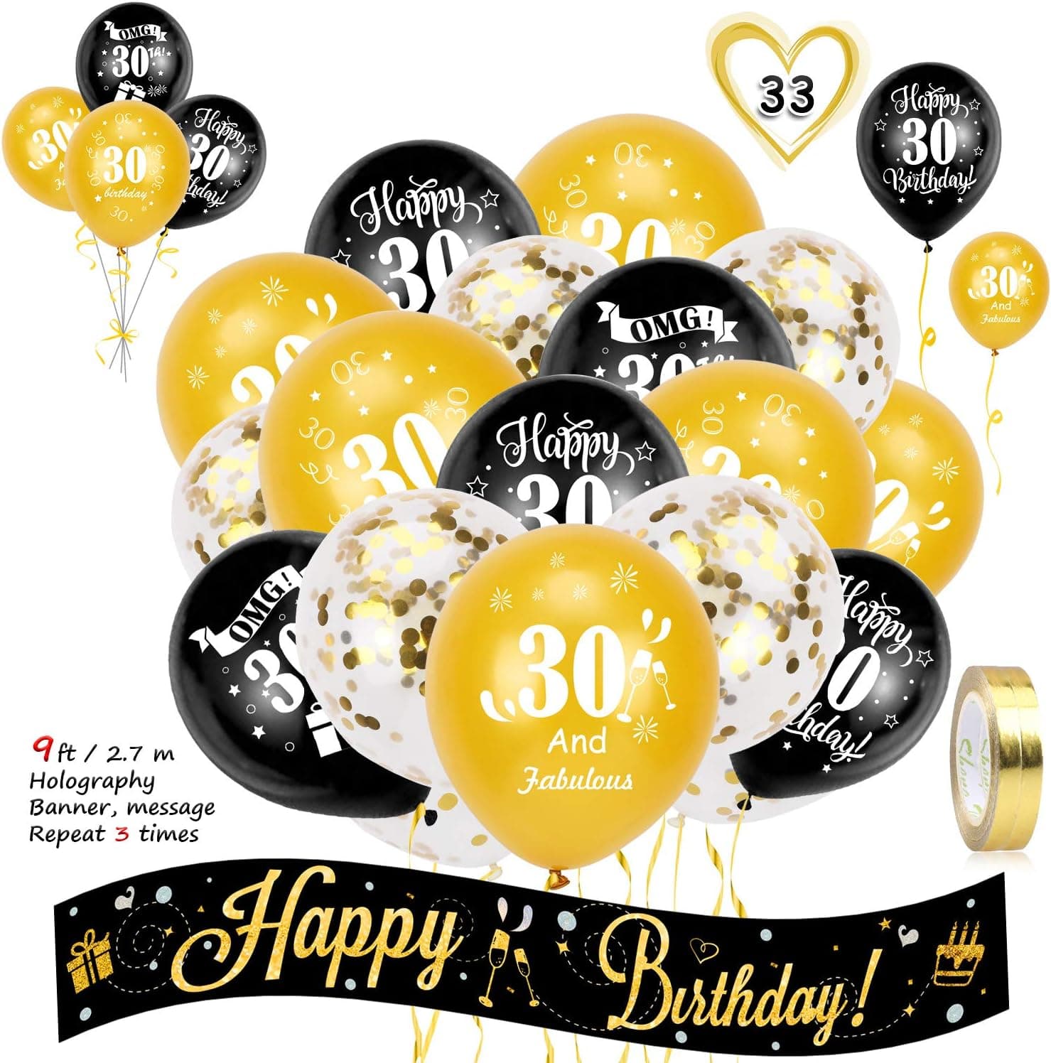 HOWAF 30th Birthday Decoration Kit, Include 9ft/2.7m Happy Birthday Foil Holographic Banner and 30th Birthday Balloons for Women Men 30th Birthday Party Decoration Supplies, Black Gold (Age 30)