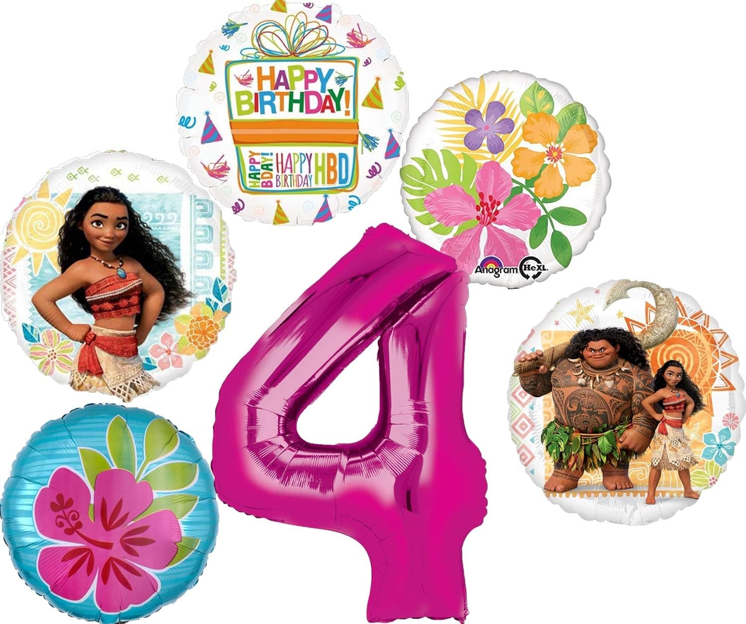Moana Party Supplies 4th Birthday Balloon Bouquet Decorations - Pink Number 4