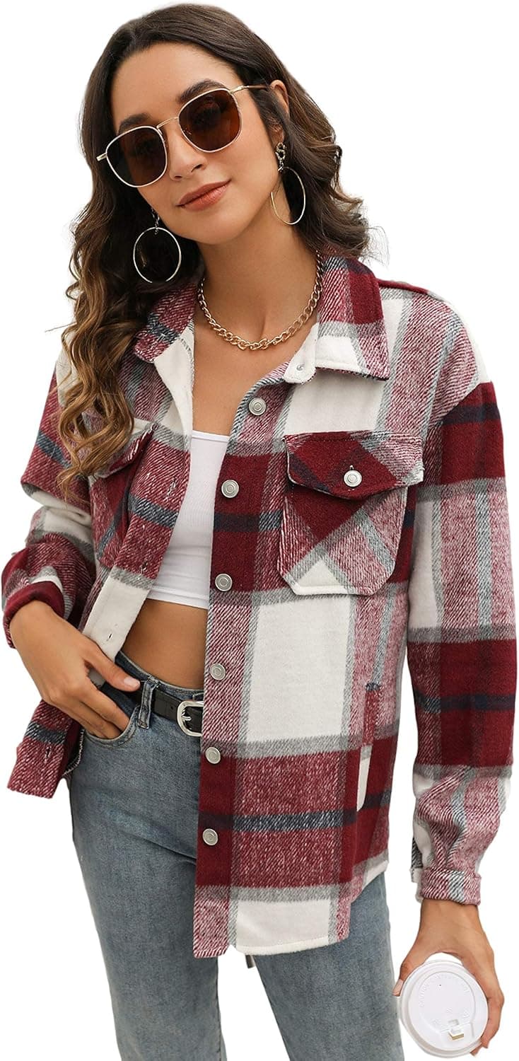Himosyber Womens Plaid Shacket Woolen Brushed Lapel Pocketed Button Down Shirt Fall Jacket