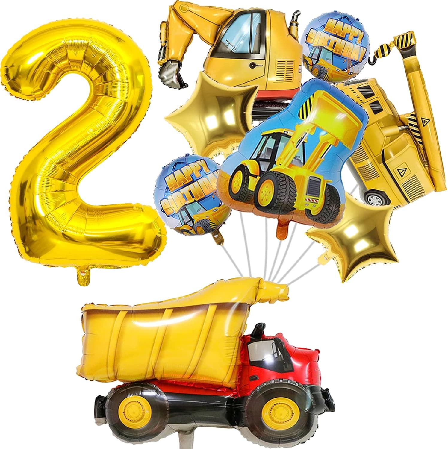 Construction Birthday Party Supplies 2 year Old, 9Pcs Construction Balloons Set with Gold Number 2 Balloons, Large Construction Truck Mylar Foil Balloons Set for Boys 2nd Birthday Party Supplies Decor