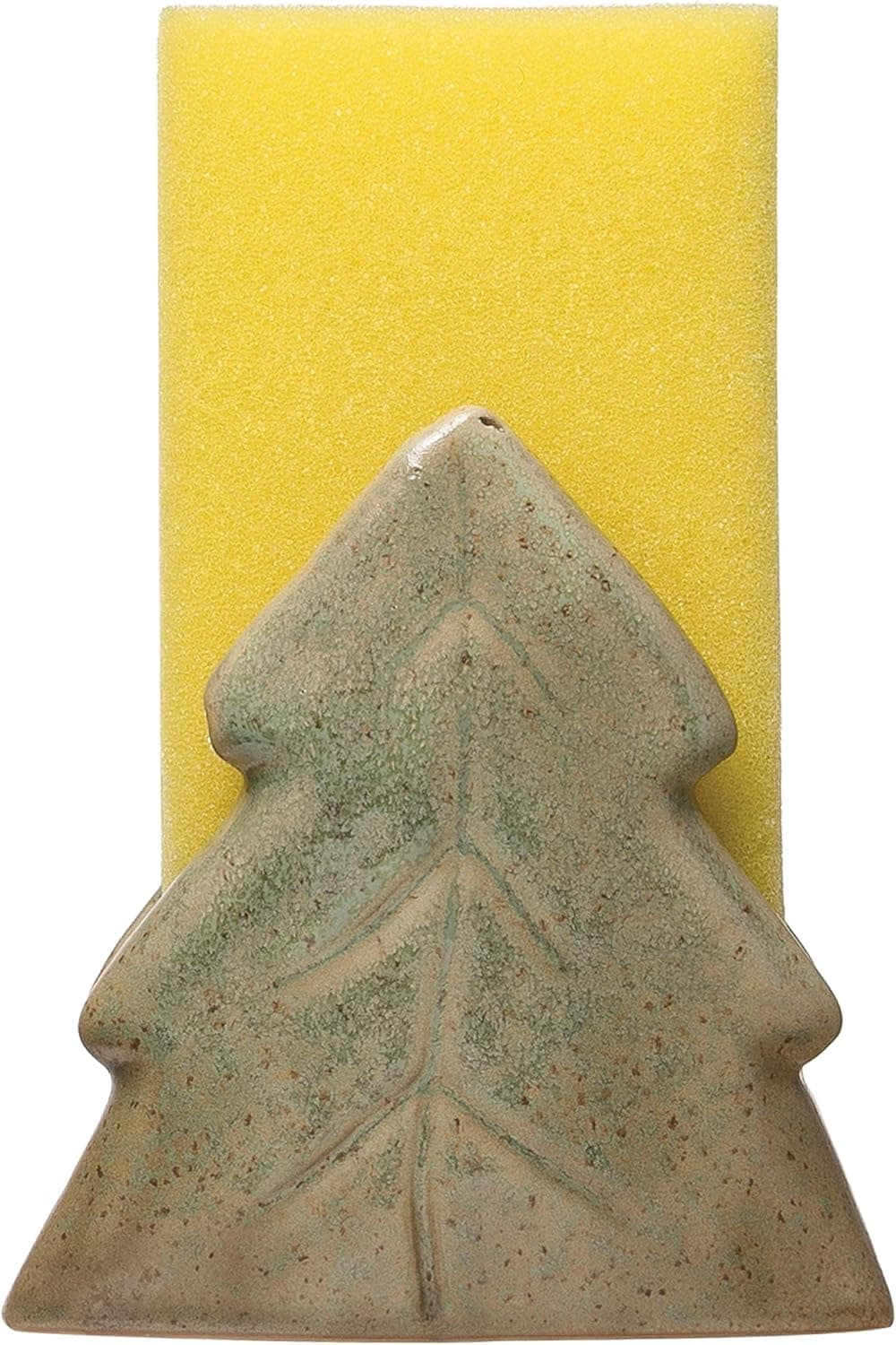 Creative Co-Op 4" L x 2-1/4"W x 4" H Stoneware Christmas Tree Sponge Holder, Reactive Glaze, Green (Each One Will Vary) Entertaining Tools, Multi