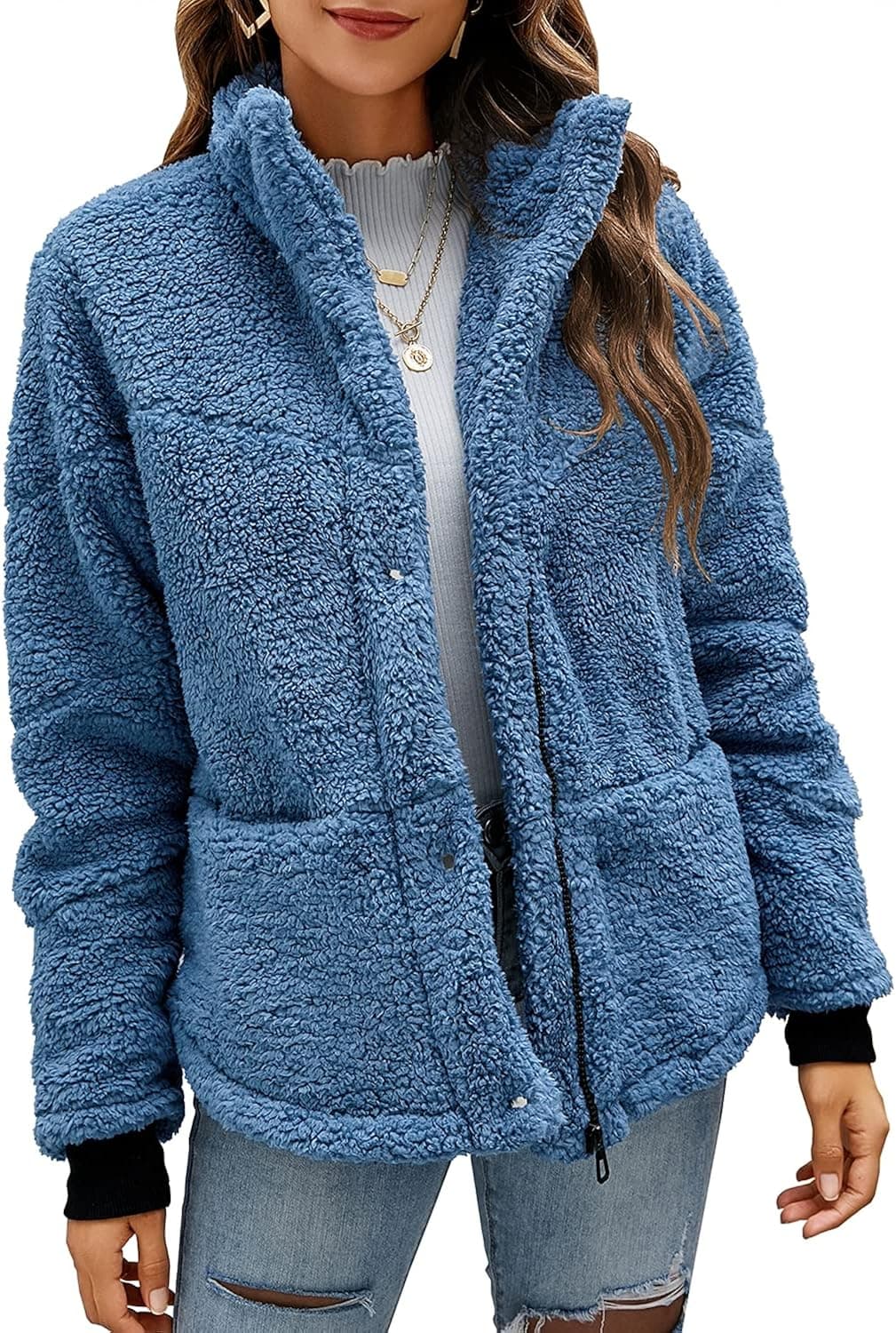 Womens Casual Fleece Jacket Full Zip Sherpa Jackets Winter Faux Fur Coat Button Down Fuzzy Outwear Blue L
