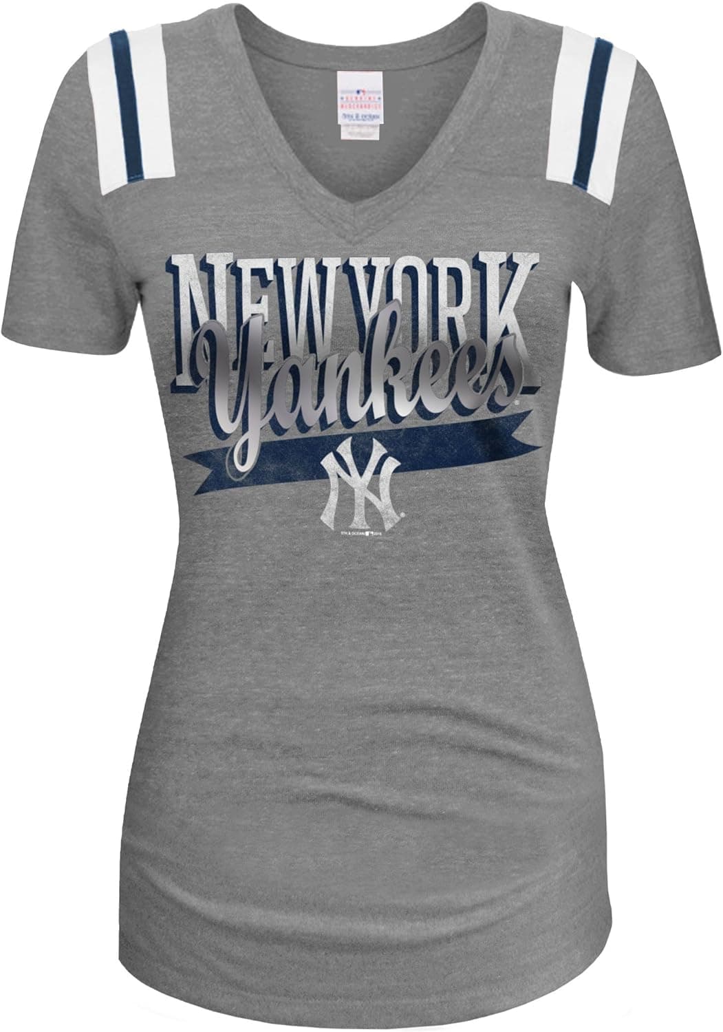 5th & Ocean MLB New York Yankees Women's Short Sleeve V-Neck Tee, Gray, Medium