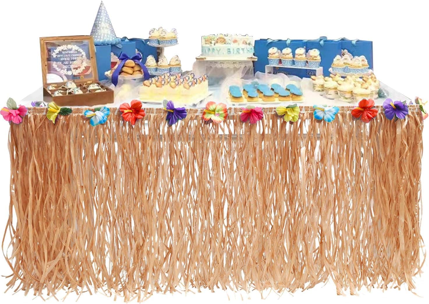 Hawaiian Table Skirts for Tropical Theme Tiki Luau Party Moana Grass Table Skirts with Hibiscus Flowers Decoration (Natural, 9ft x 29 Inch)