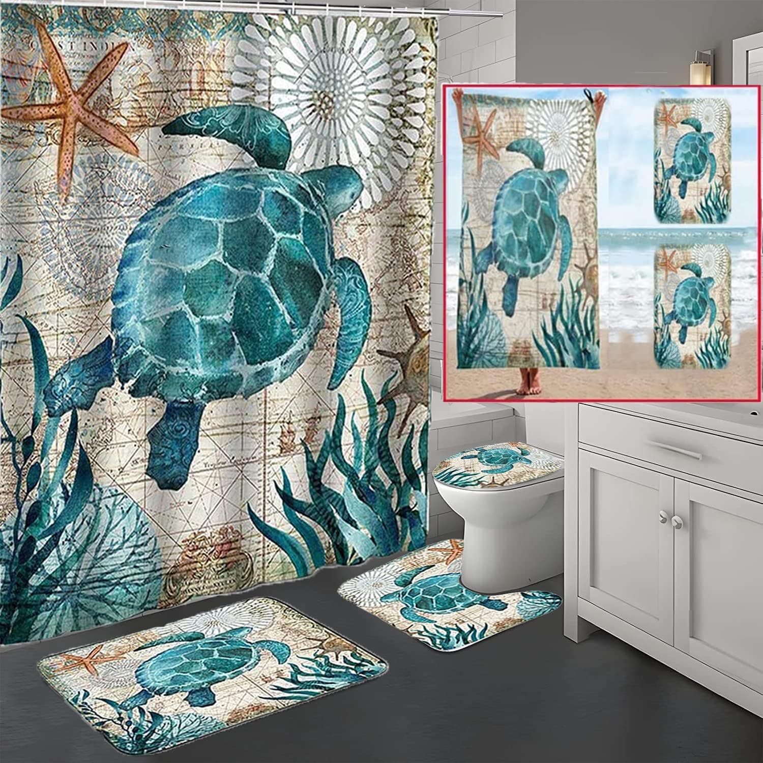 7 Pcs Sea Turtle Shower Curtain Sets with Rugs and Towels, Include Non-Slip Rugs, Toilet Lid Cover, Bath Towel and Mat, Kids Ocean Shower Curtain with 12 Hooks for Bathroom