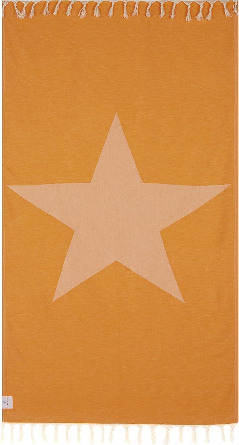 Lushrobe Peshtemal Beach Towel Lightweight 100% Cotton Fouta Pool Bath Gym Blanket - 72" L x 40" W - Star (Orange)