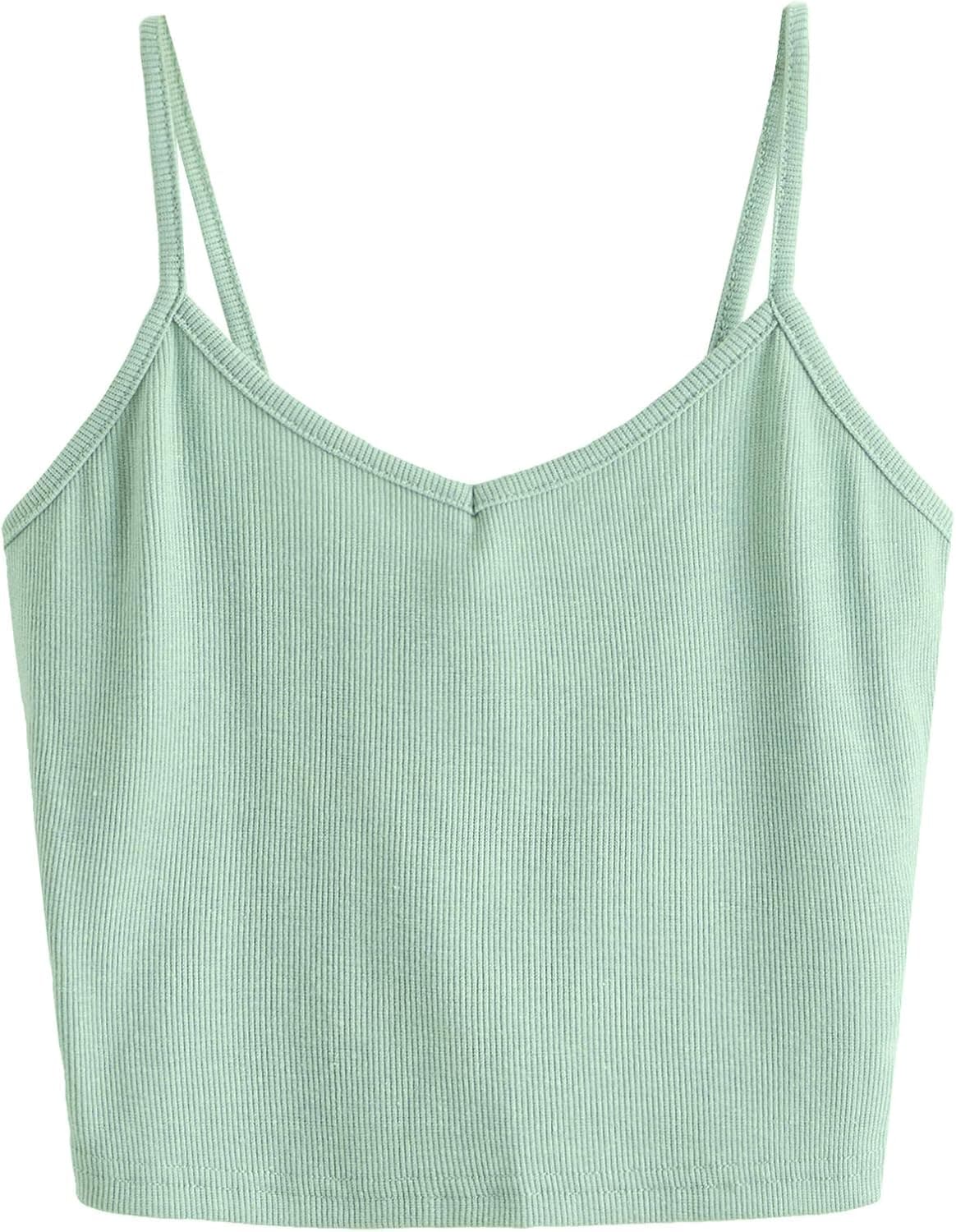 SheIn Women's Casual V Neck Sleeveless Ribbed Knit Cami Crop Top Green-1 Small