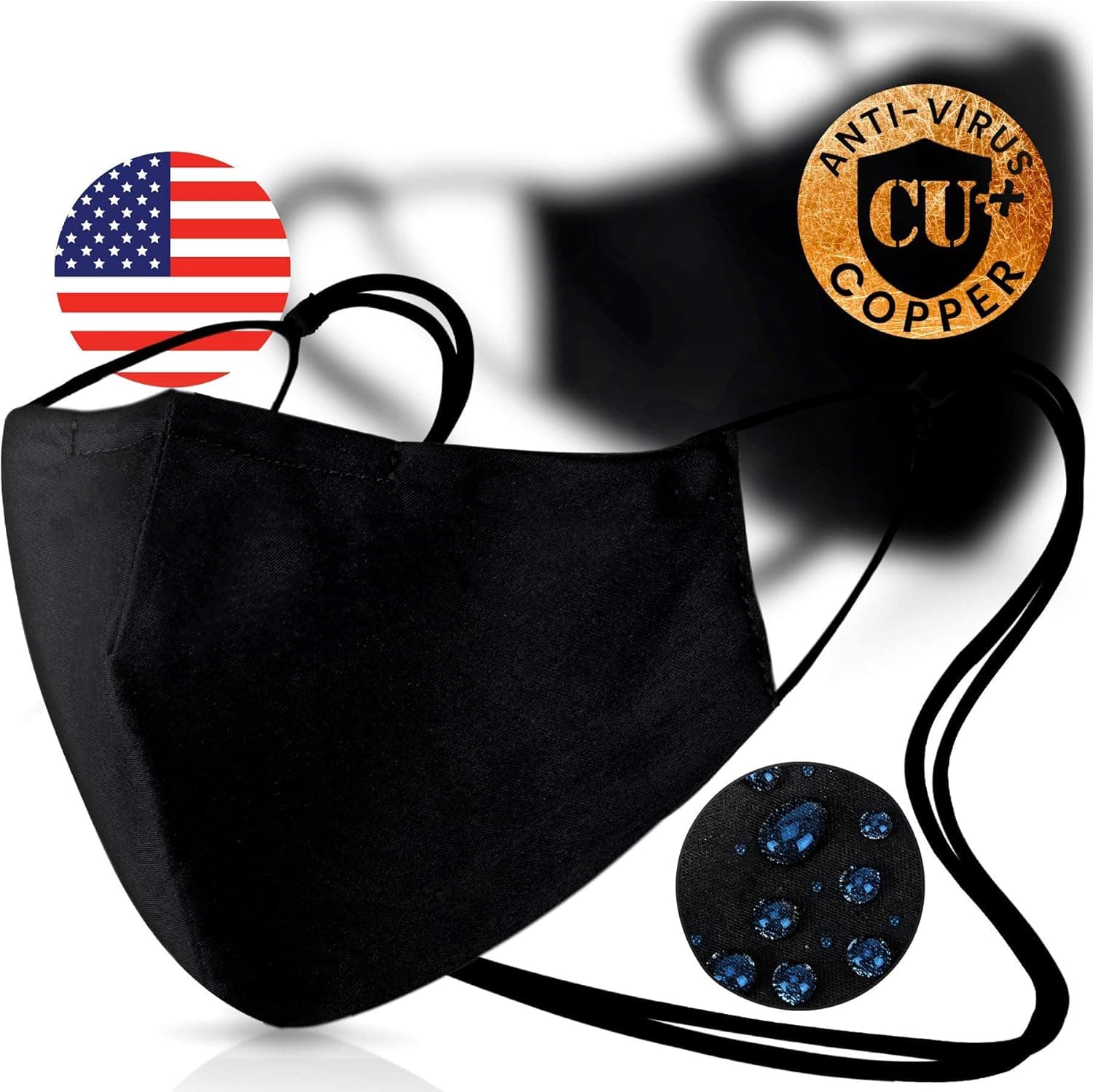 4 Layer Black Copper Nano Blend Cover – Pack of 2 - FITS ALL ADULTS – Waterproof & Coated with Swiss Tech on USA Satin Cotton with Nose Bridge, Adjustable Strap , Washable & Reusable 40x for both Men & Women
