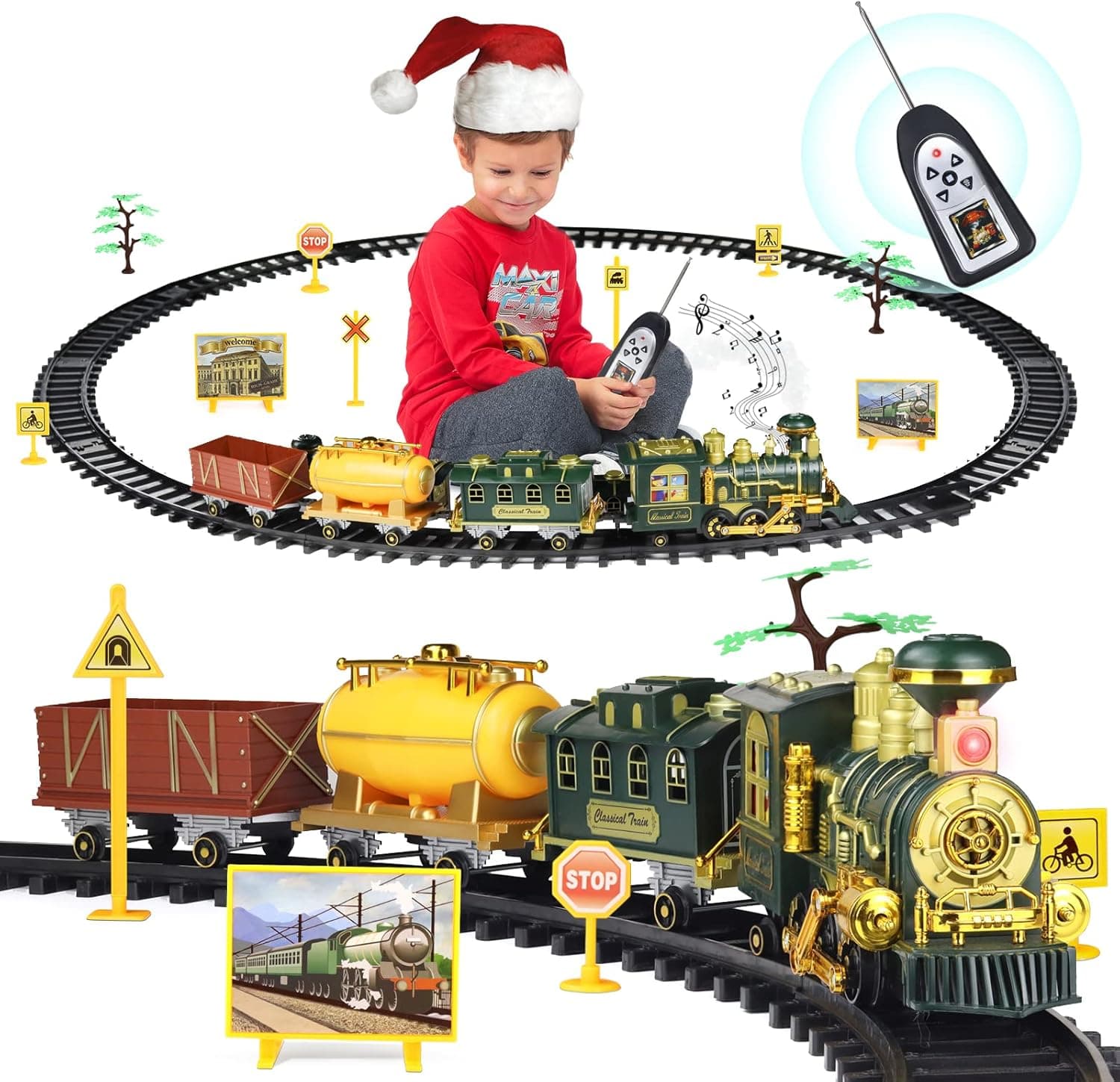 Train Set for Boys Girls, Christmas Electric Train Set with Steam, Sound & Light, Remote Control Train Toys w/Steam Locomotive Engine, Cargo Cars & Tracks for Kids Boys 3 4 5 6 7 8 Year Old