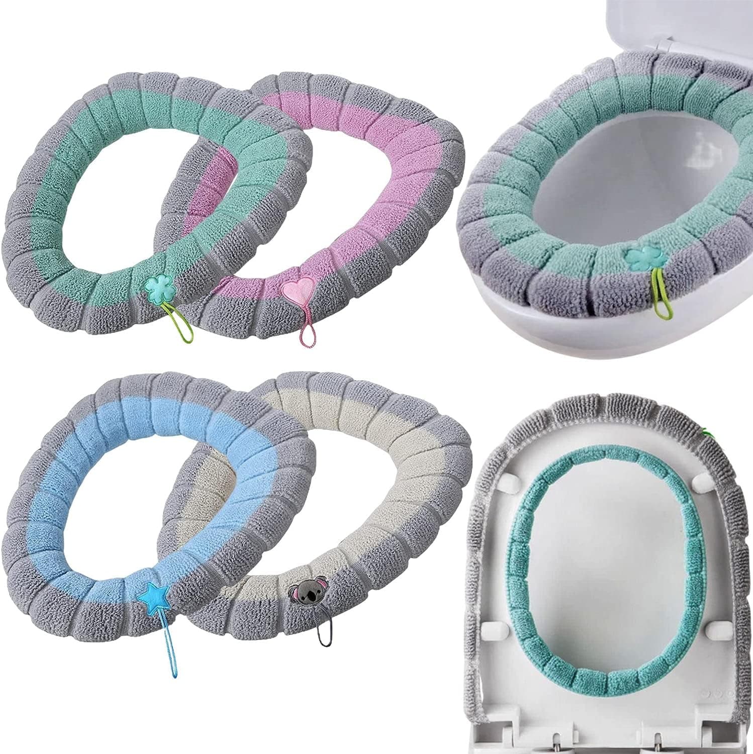 Clarmonde 4Pcs Winter Bathroom Soft Toilet Seat Cover Pad with Hanging Loop Toilet Seat Cushion Washable and Comfortable Toilet Seat Cover Pads