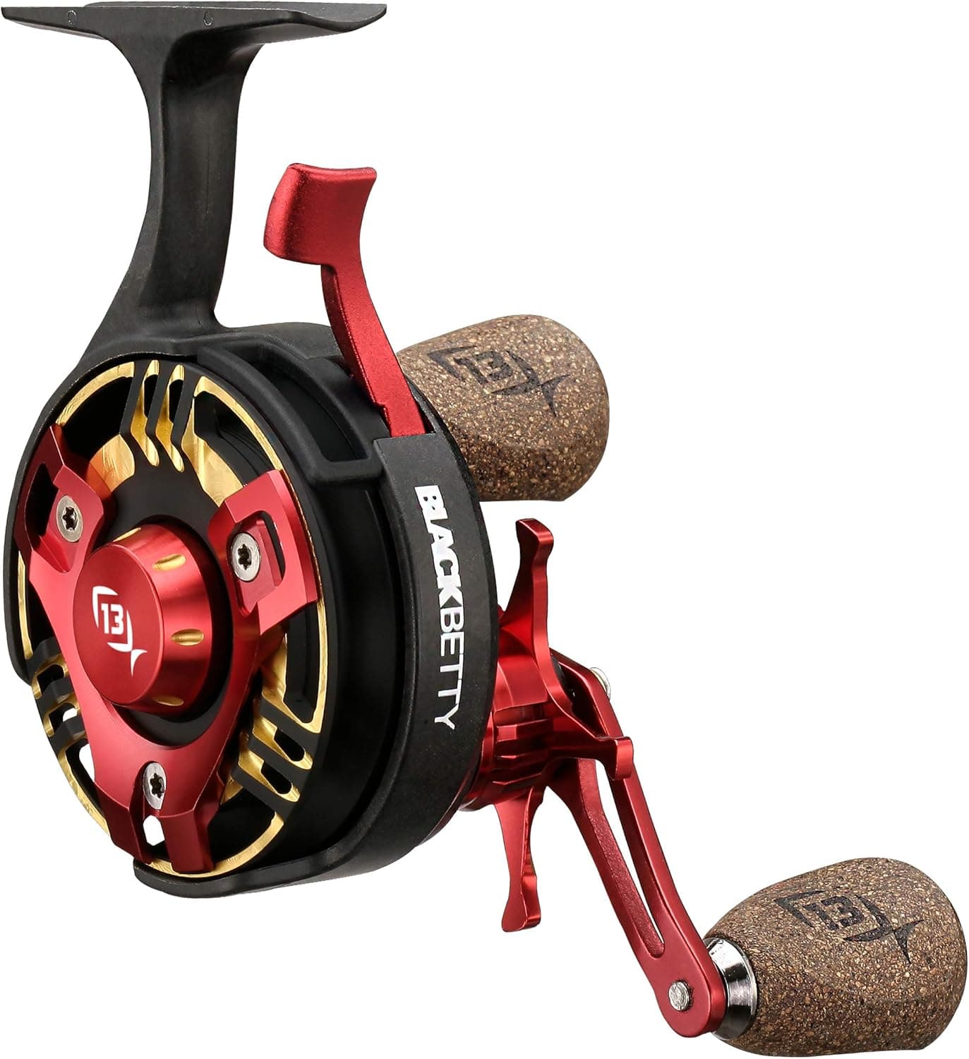 13 FISHING - FreeFall TRICKSHOP EDITION 2020 - Inline Ice Fishing Reels - Black with Red & Gold Accents