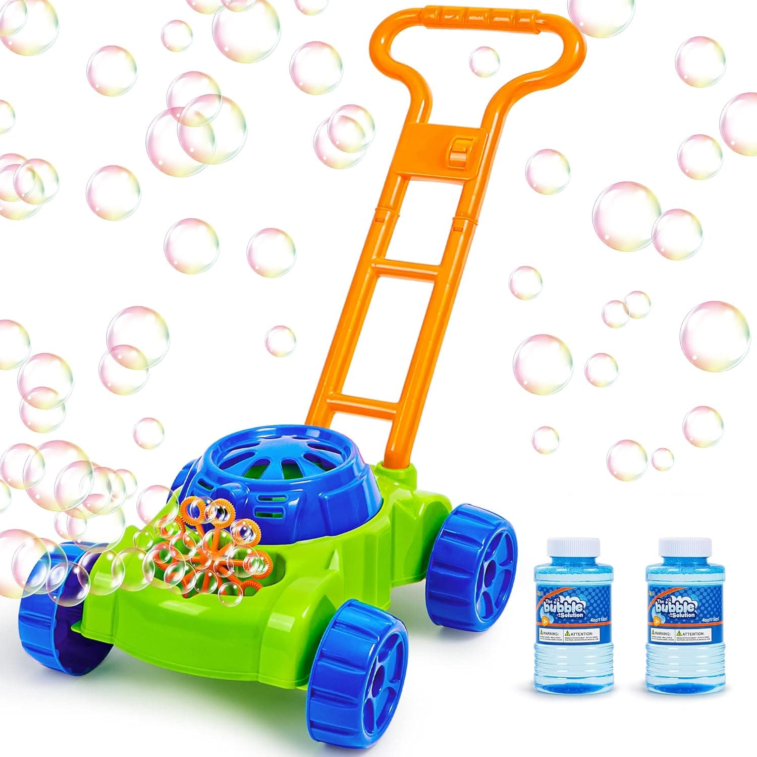 Sloosh Bubble Lawn Mower Machine for Kids，Automatic Bubble Mower with Bubble Solutions, Push Toys for Toddler, Baby Activity Walker for Outdoor, Bubble Maker for Summer Party Birthday Gift