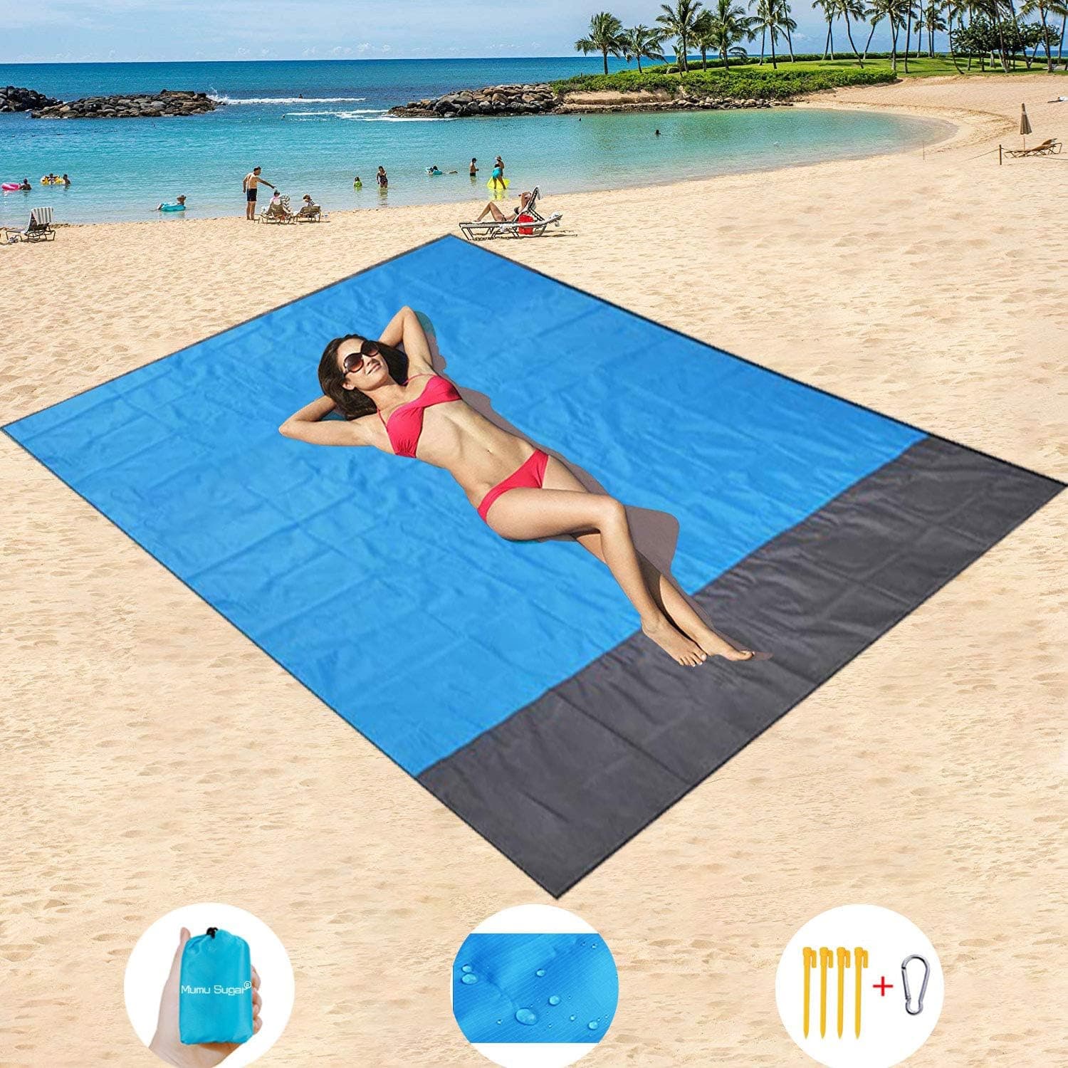 Mumu Sugar Sand Free Beach Mat Oversized 82" X79" Sand Proof Beach Blanket Outdoor Picnic Mat for Travel, Camping, Hiking and Music Festivals-Lightweight Quick Drying Heat Resistant