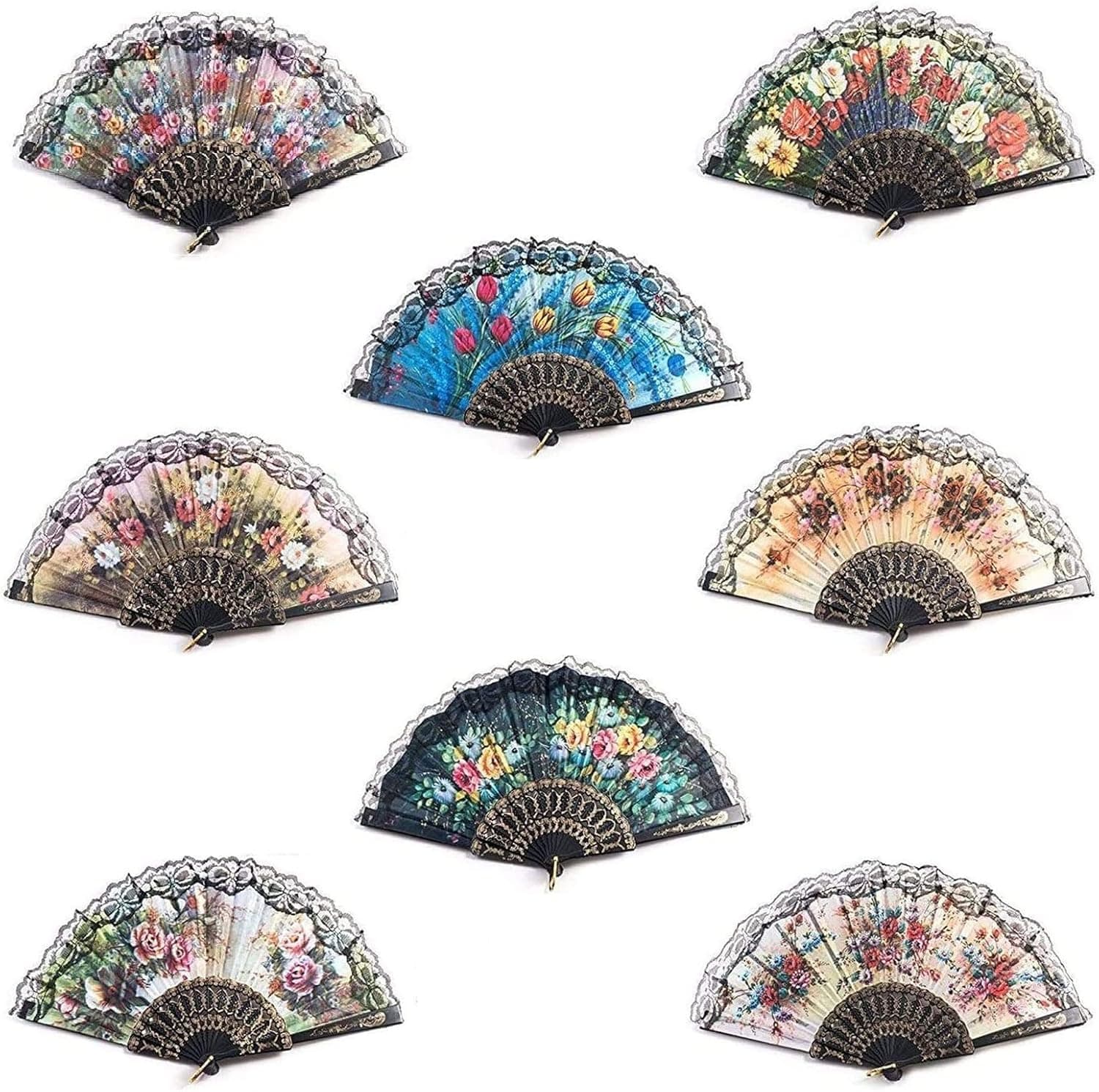 32 Pack Spanish Floral Folding Hand Fan Women Vintage Retro Pattern Fabric Fans (8 Different Patterns)