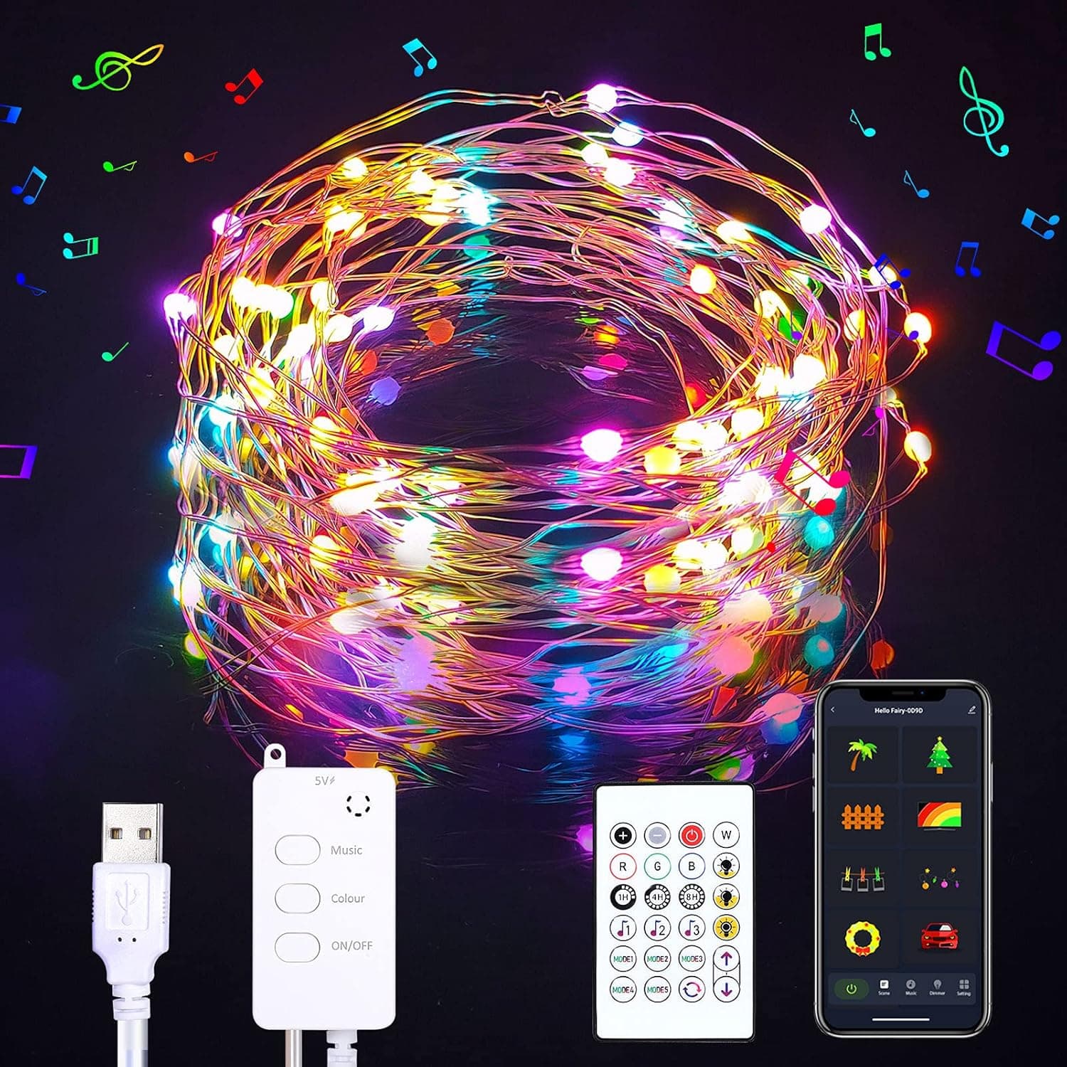 Smart Fairy String Lights Work with Remote App Control Music Sync 33Ft Hanging Twinkle Lights-66 LED for Indoor Outdoor Decor (32.8Ft)