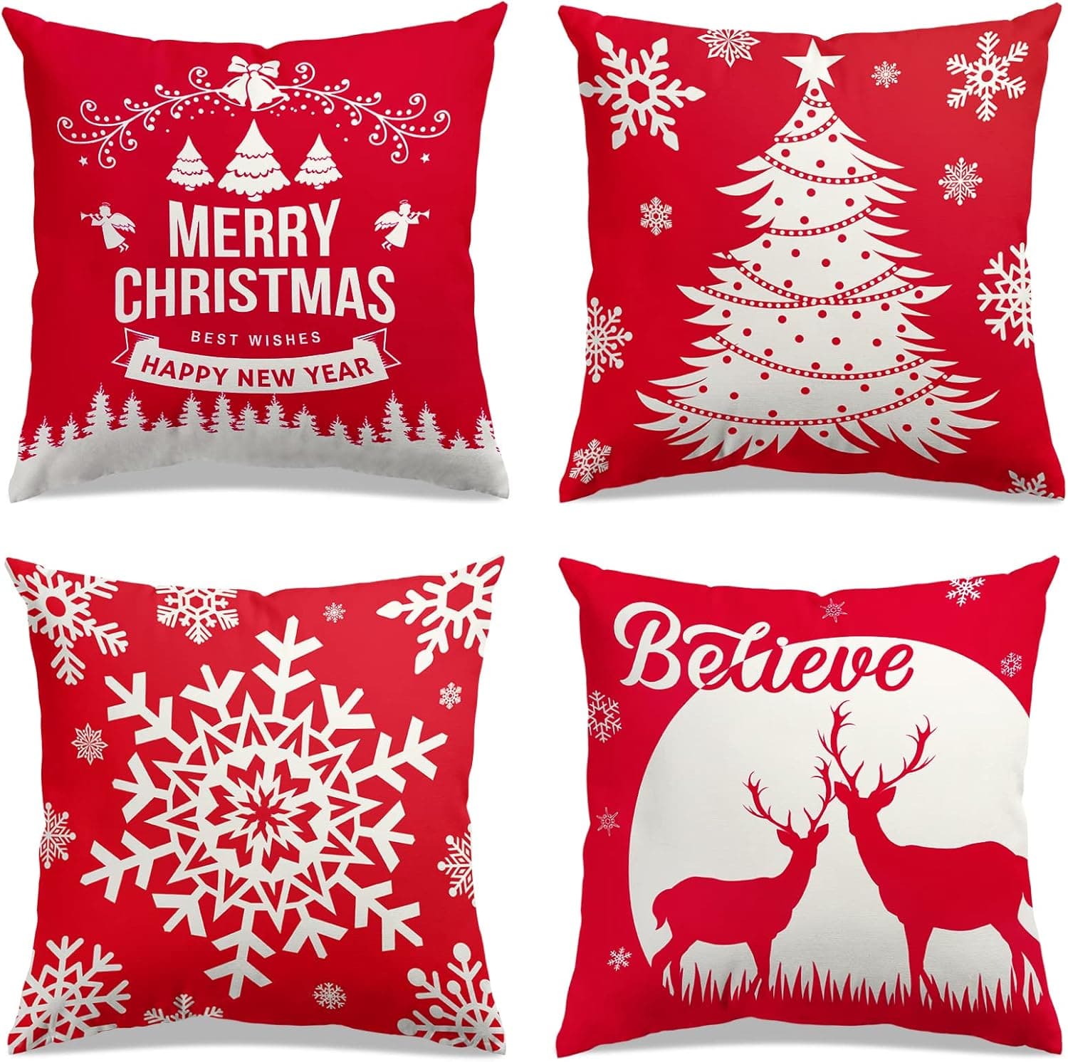 Christmas Decorations Xmas Pillow Covers - 4 PCS 18 X 18 Linen Decorative Pillowcases, Merry Christmas Pillow Cases, Christmas Ornaments, Christmas Decor, Snowflake, Xmas Tree, Red