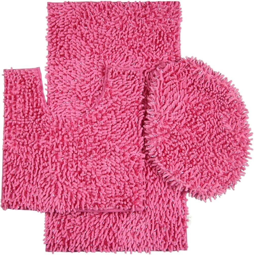 Daniel's Bath & Beyond 3 Piece Bath Set with 20" x 31" Bath Mat, 20" x 18" Contour Mat and 20" x 18" Lid, Chenille/Shiny Pink